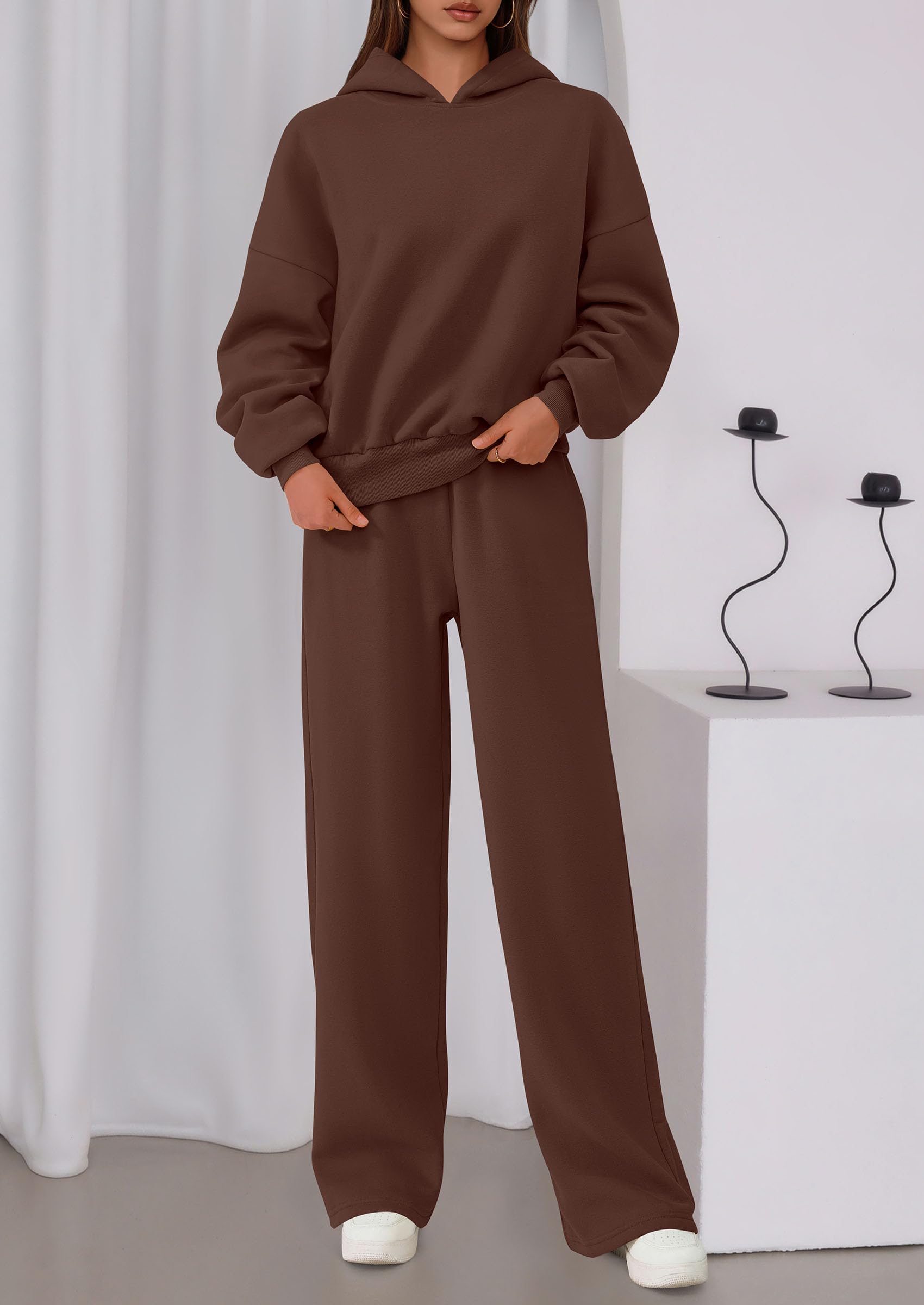 Chichi Womens Sweatsuits 2 Piece Set Casual Winter Long Sleeve Hoodie Loose Wide Leg Sweatpants Fall Tracksuit Brown