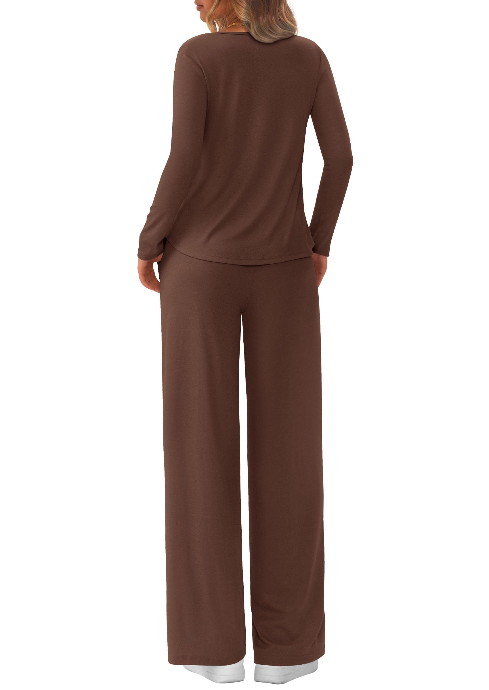Chichi Women's 2 Piece Fall Sets Casual Long Sleeve Shirts Wide Leg Pants Lounge Travel Outfits Fashion Clothing Brown