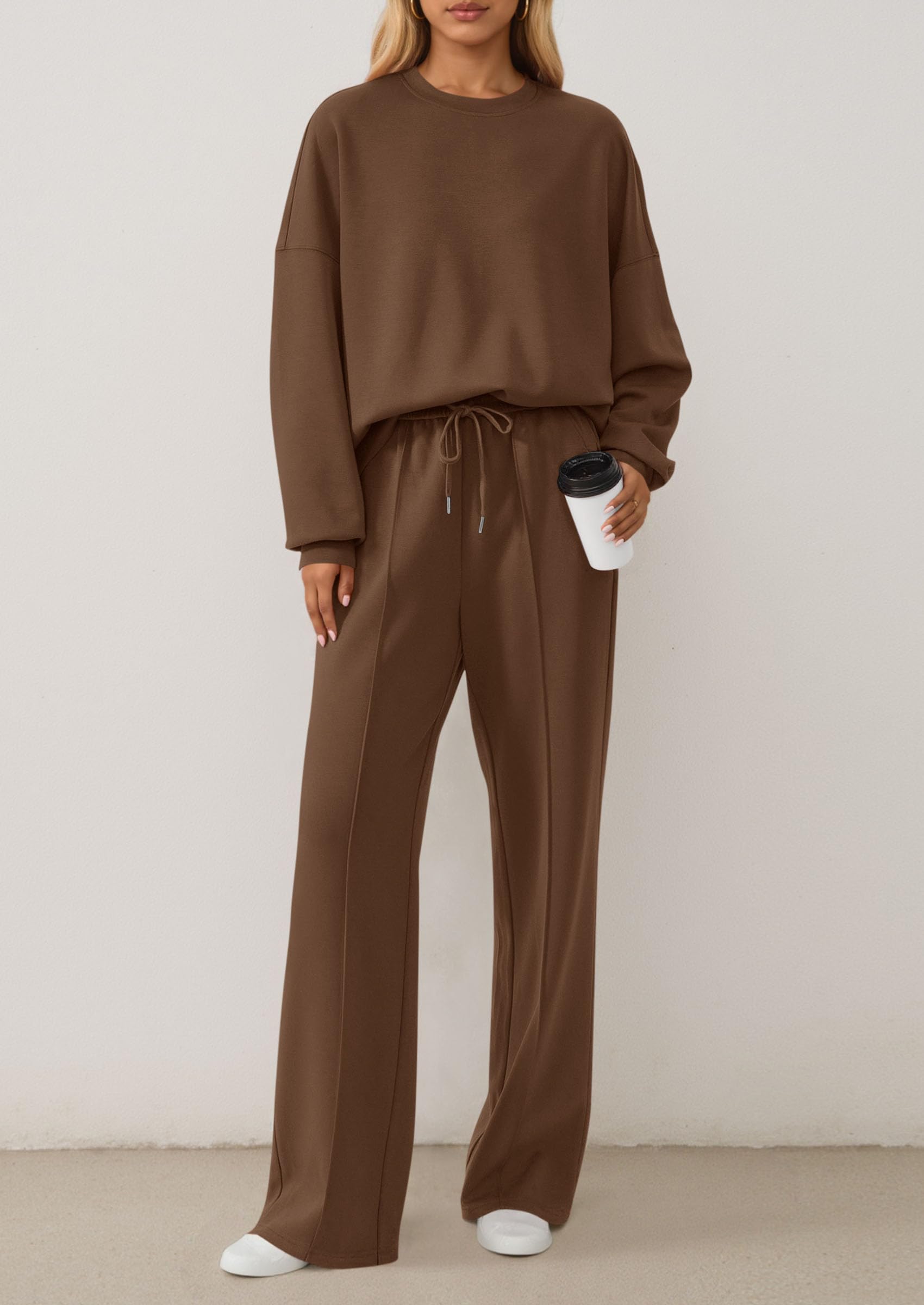 Chichi 2 Piece Sets For Women Fall Trendy Long Sleeve Sweatshirt Wide Leg Pants Loungewear Set Matching Sweatsuit Brown