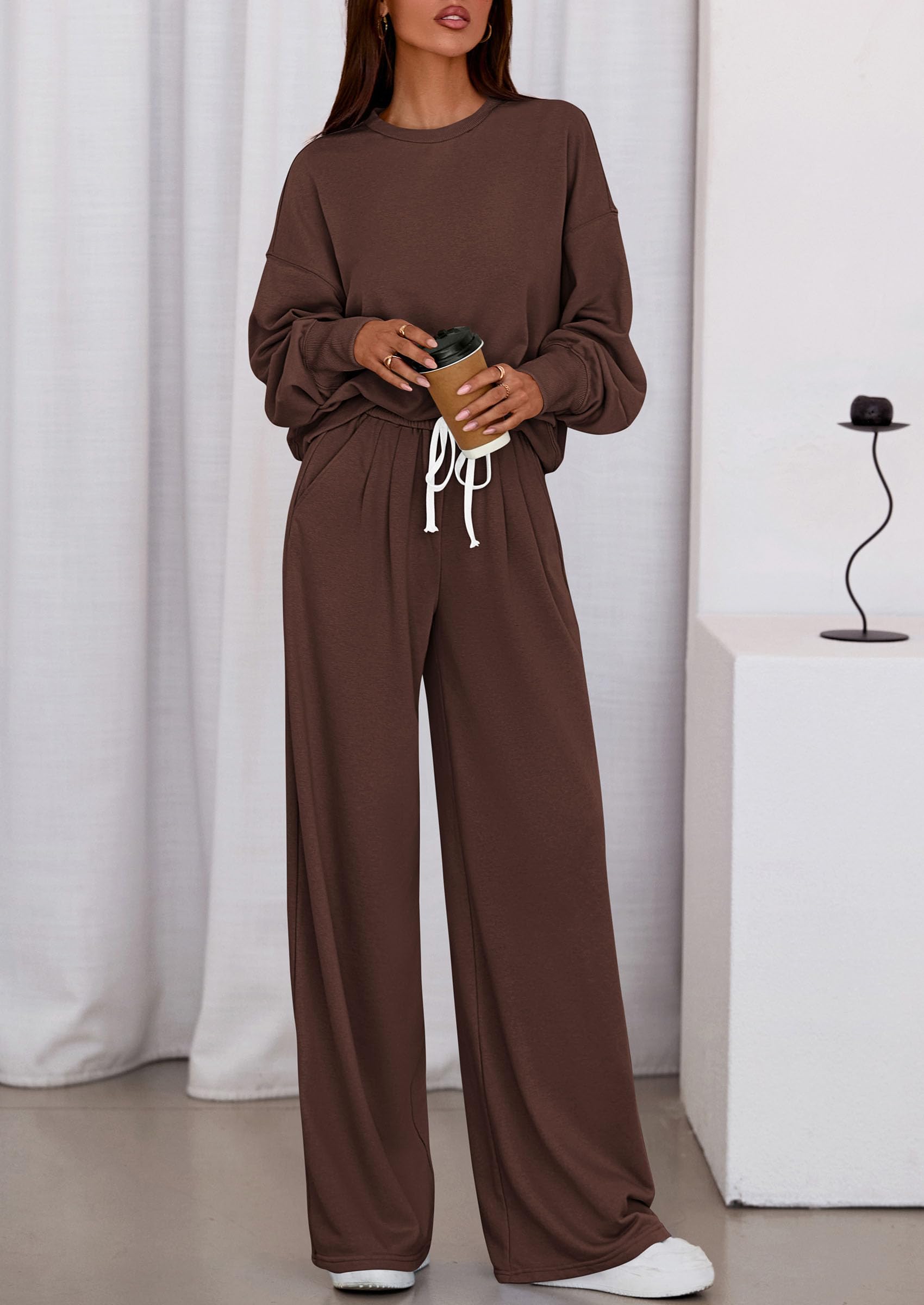 Chichi Womens 2 Piece Sets Long Sleeve Sweatshirt Wide Leg Pants Loose Matching Lounge Set Trendy Fall Outfits Brown