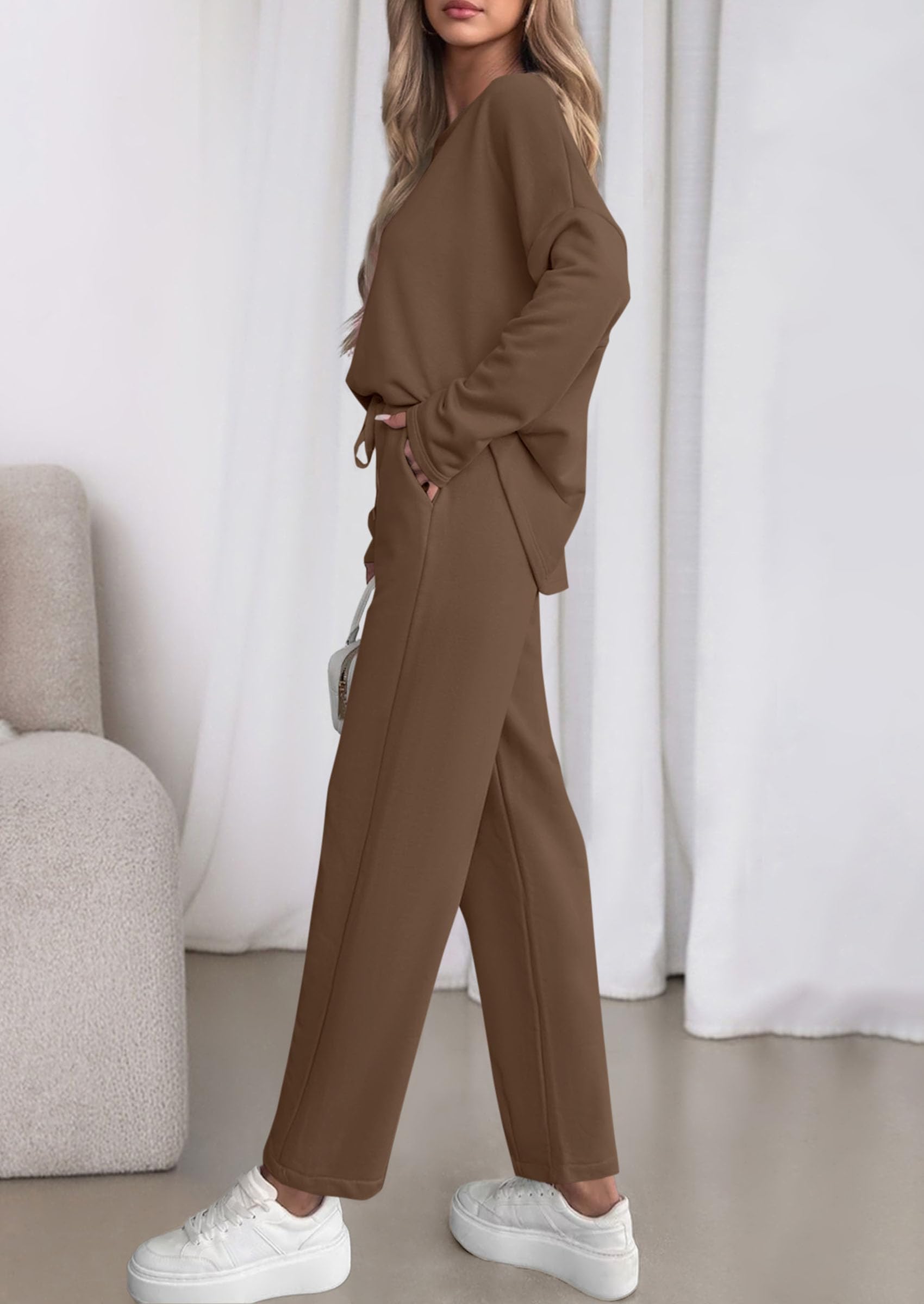 Chichi Womens 2 Piece Matching Lounge Sets Fall Long Sleeve Boatneck Sweatsuit Drawstring Sweatpants Pockets Brown