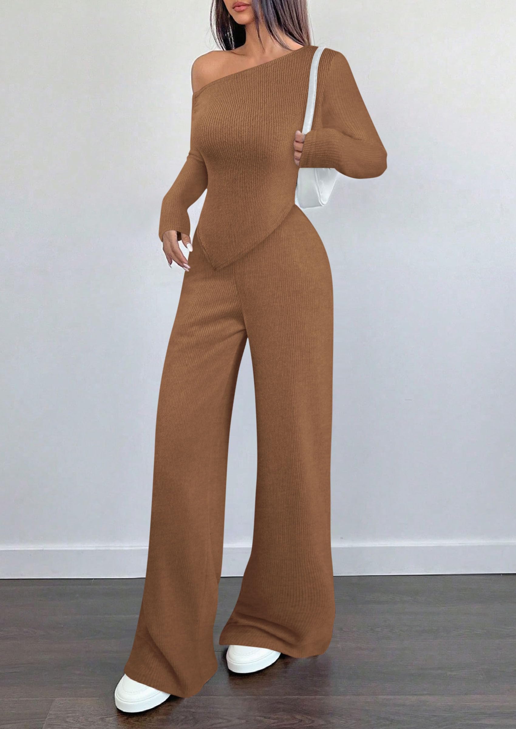 Chichi Casual Two Piece Sets for Women Fall Outfits Asymmetrical Off Shoulder Tops Wide Leg Pants Knit Lounge Set