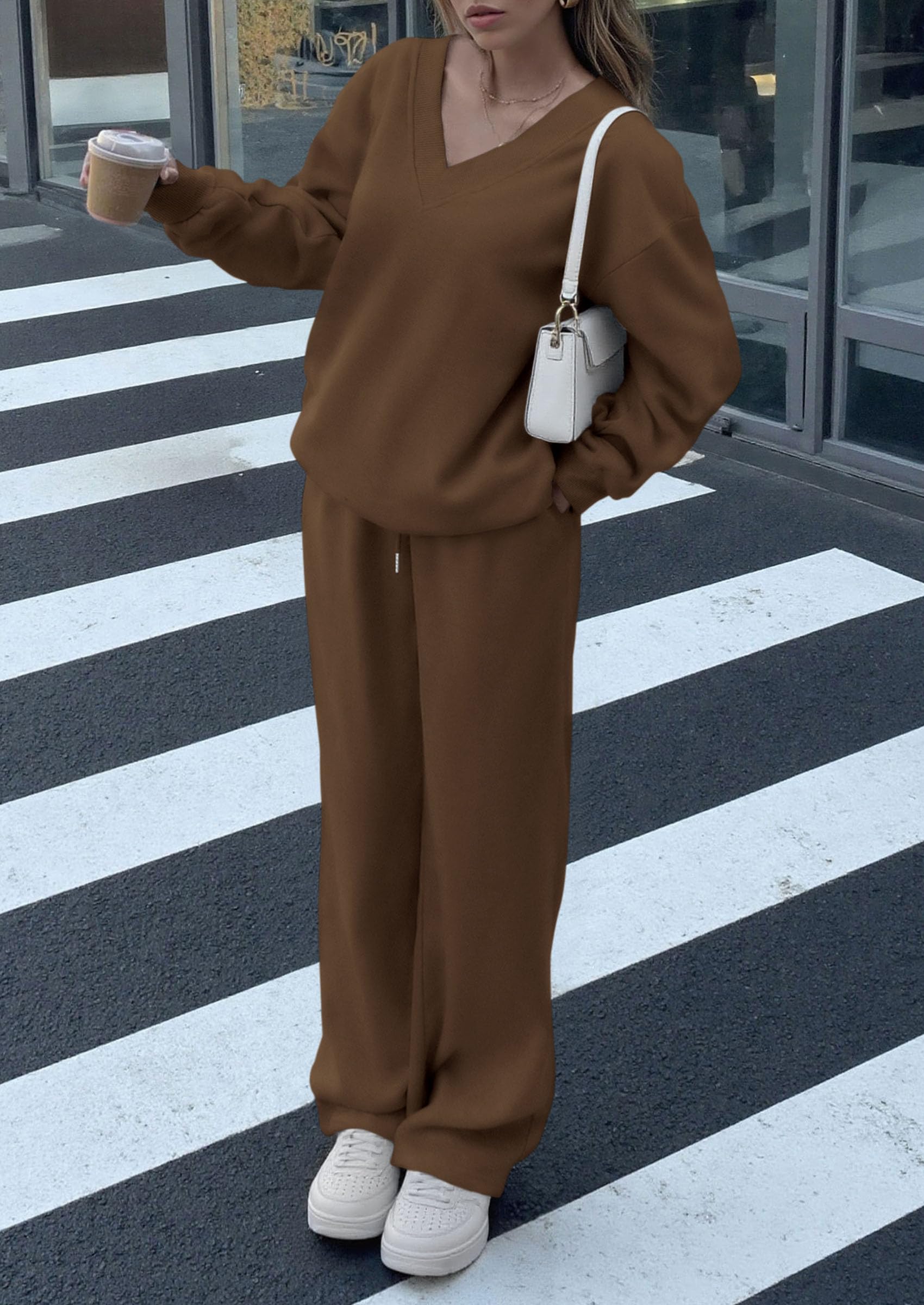 Chichi Casual Winter Two Piece Sets for Women V Neck Sweatshirt Loose Wide Leg Pants Tracksuit Knit Fall Outfits Brown