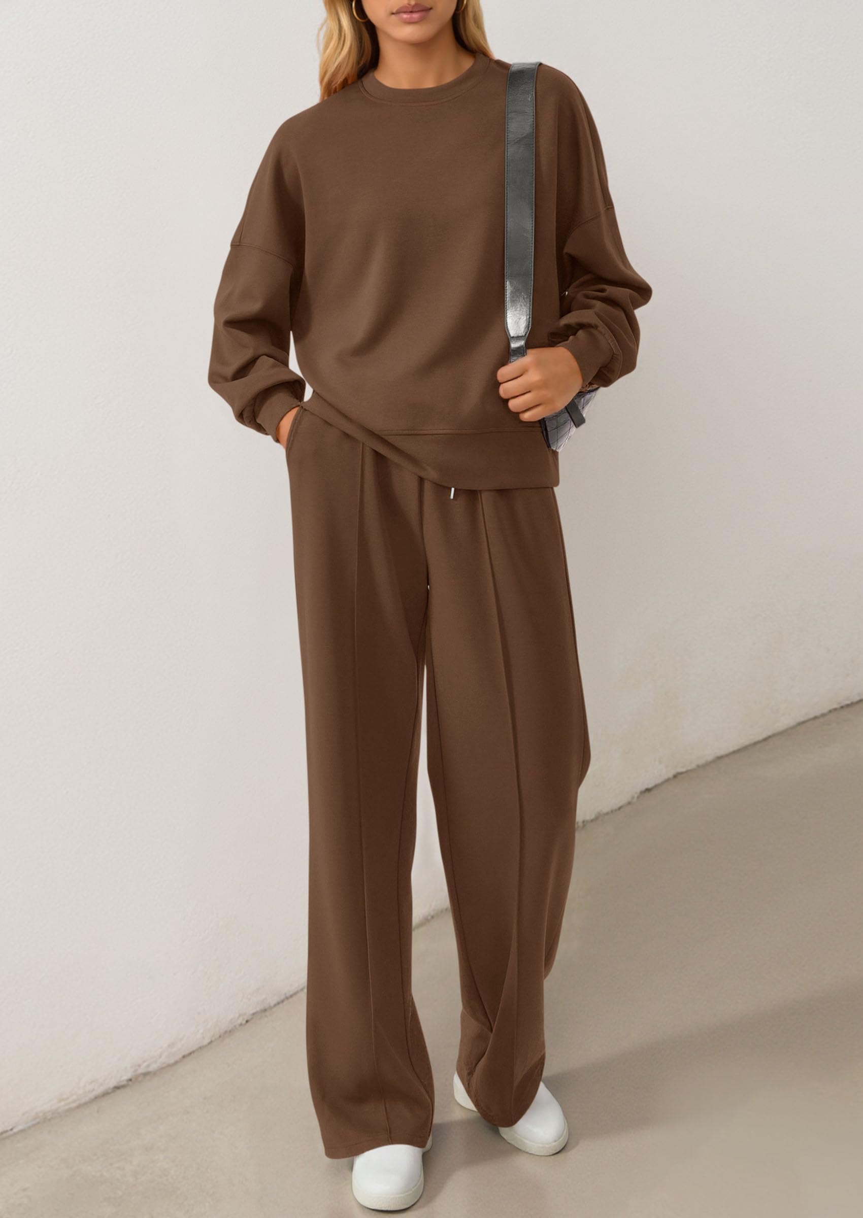 Chichi 2 Piece Sets For Women Fall Trendy Long Sleeve Sweatshirt Wide Leg Pants Loungewear Set Matching Sweatsuit Brown
