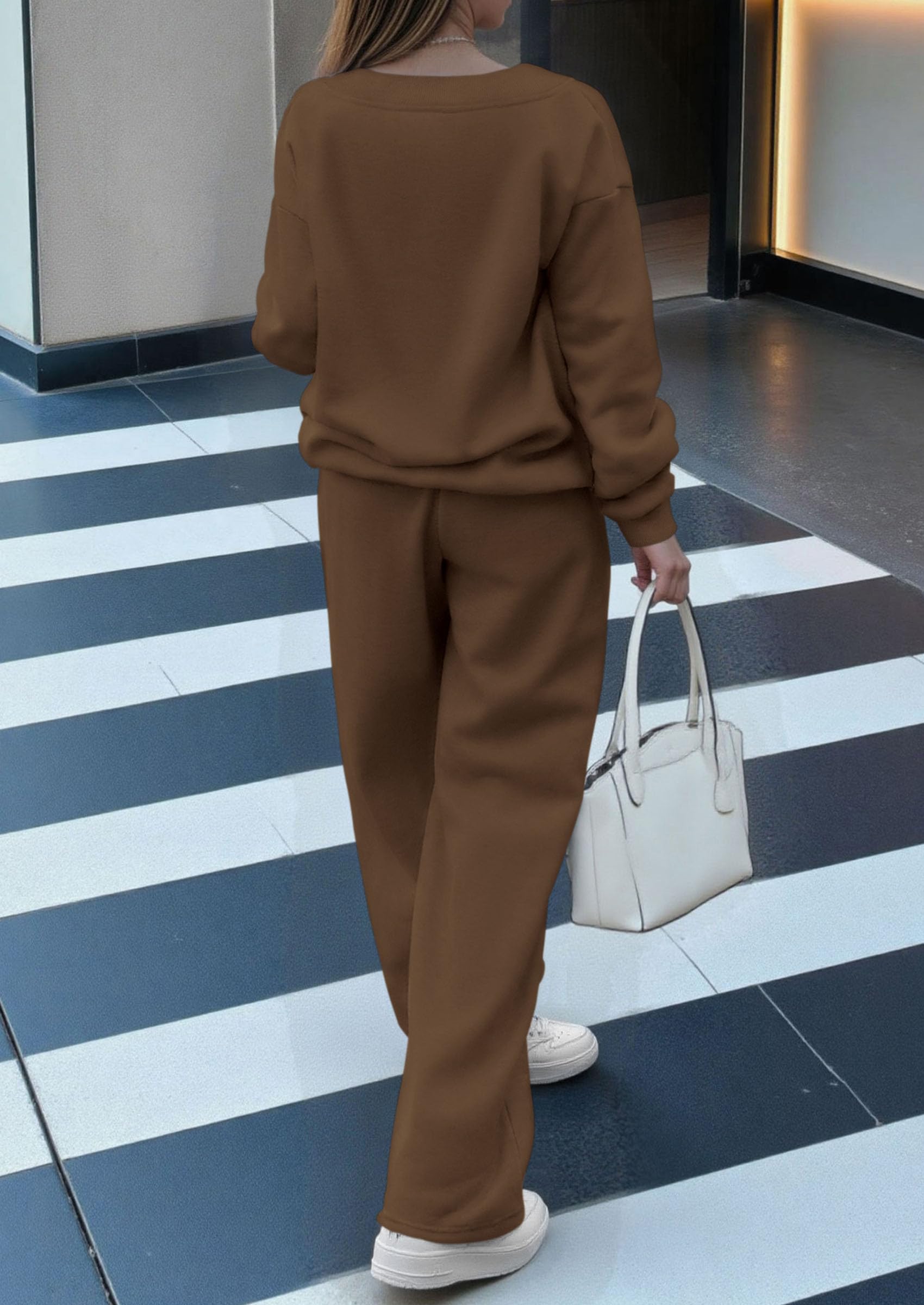 Chichi Casual Winter Two Piece Sets for Women V Neck Sweatshirt Loose Wide Leg Pants Tracksuit Knit Fall Outfits Brown