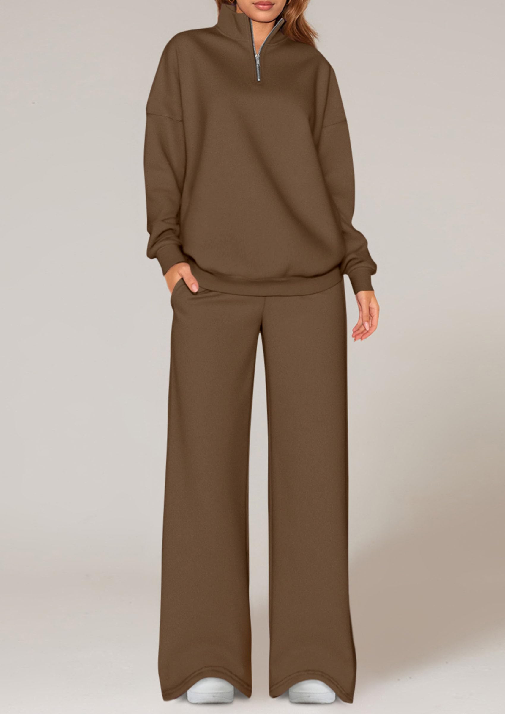 Chichi Womens Casual Two Piece Sets Fall Outfits Quarter Zip Sweatshirts Straight Leg Pants Sweatsuits Tracksuit Brown