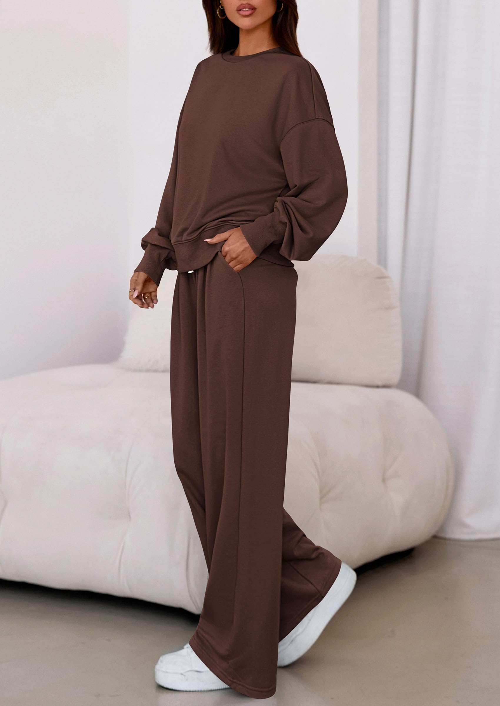 Chichi Womens 2 Piece Sets Long Sleeve Sweatshirt Wide Leg Pants Loose Matching Lounge Set Trendy Fall Outfits Brown