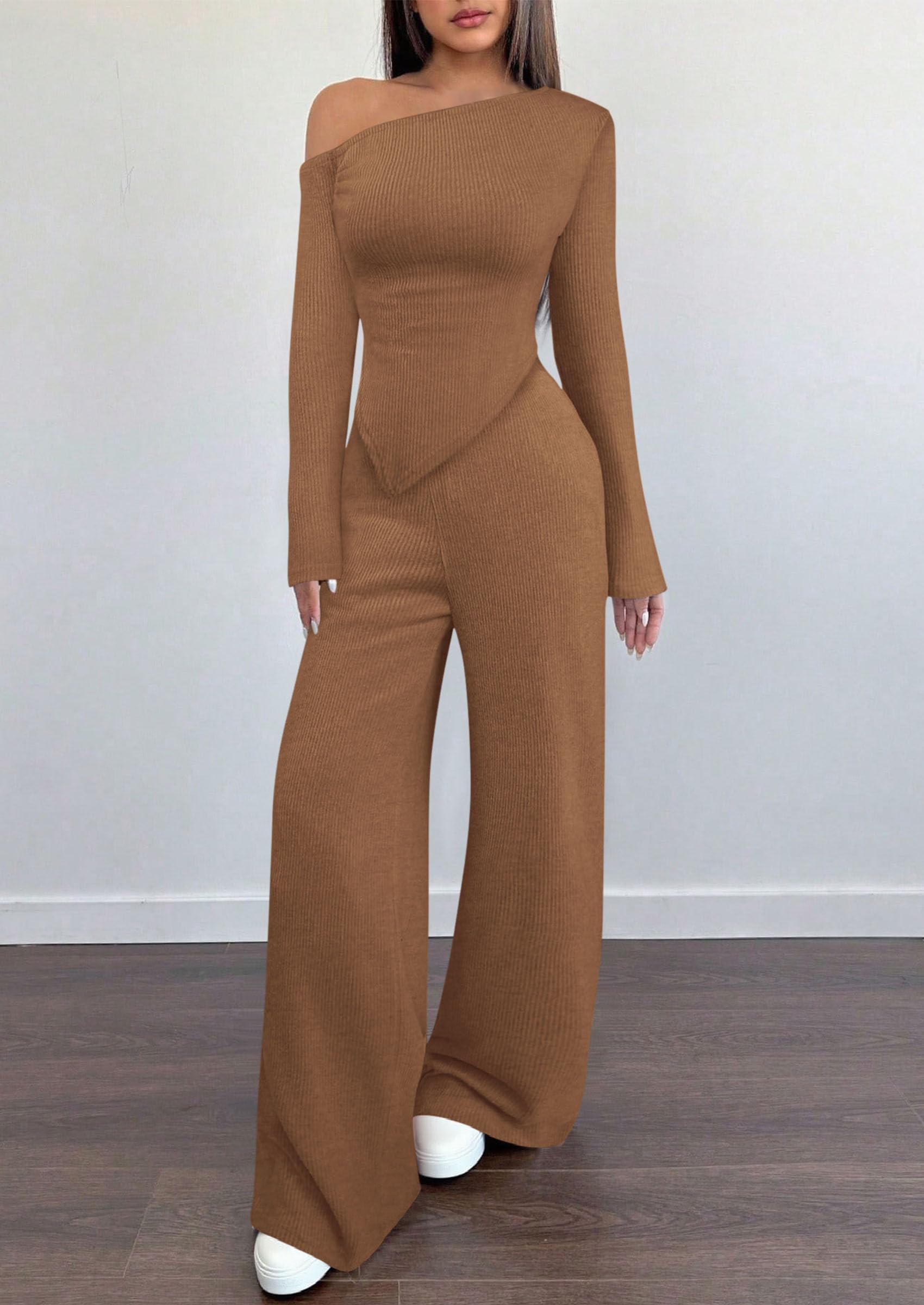 Chichi Casual Two Piece Sets for Women Fall Outfits Asymmetrical Off Shoulder Tops Wide Leg Pants Knit Lounge Set
