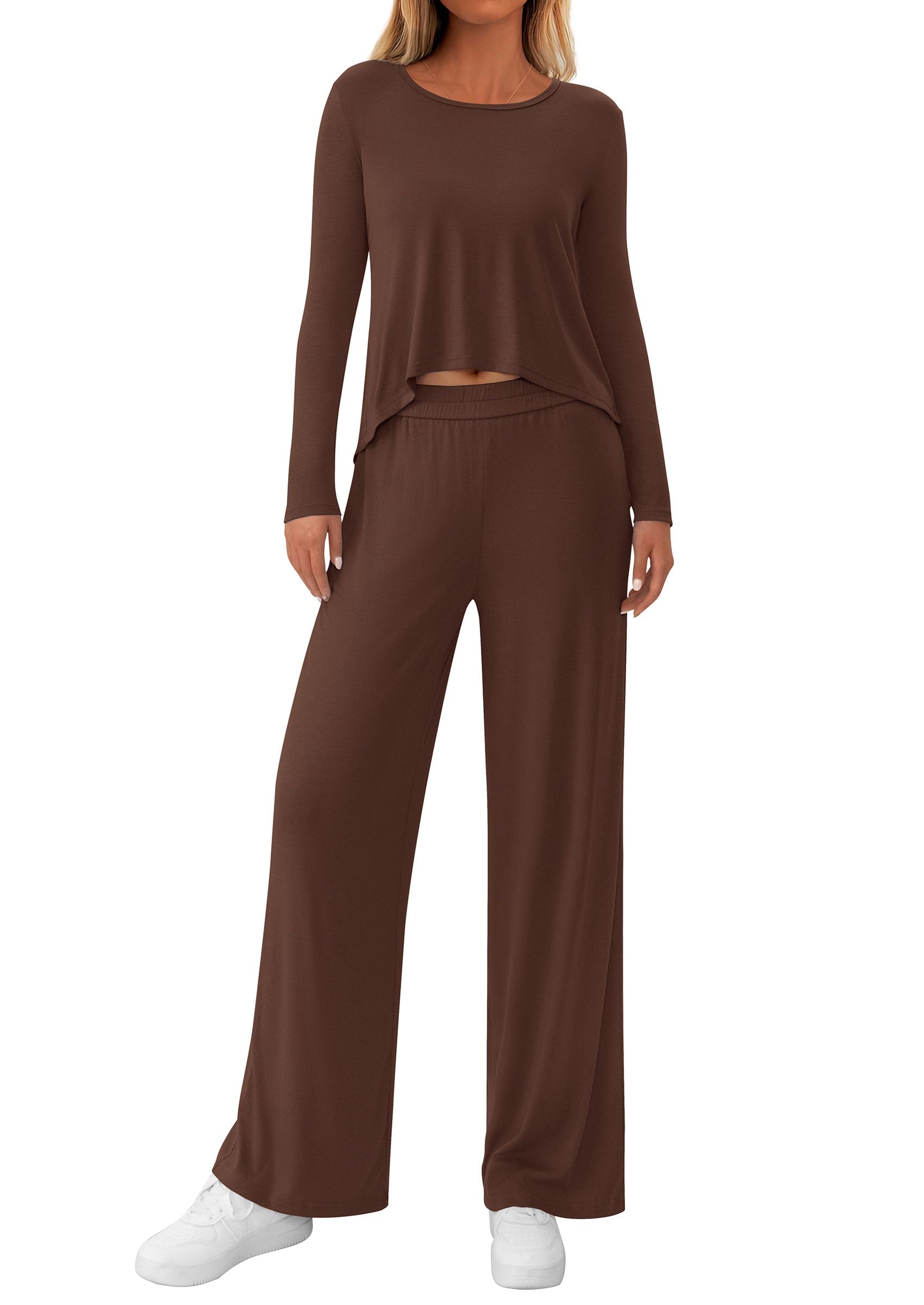 Chichi Women's 2 Piece Fall Sets Casual Long Sleeve Shirts Wide Leg Pants Lounge Travel Outfits Fashion Clothing Brown
