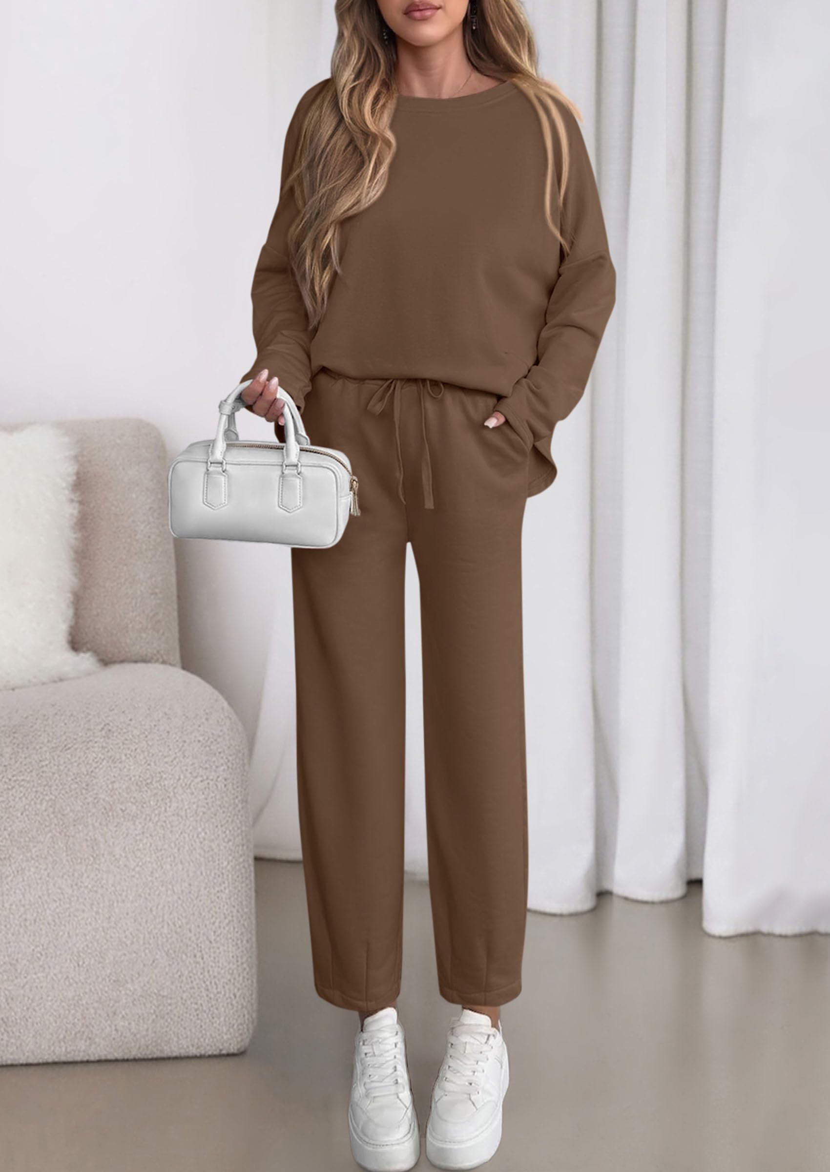 Chichi Womens 2 Piece Matching Lounge Sets Fall Long Sleeve Boatneck Sweatsuit Drawstring Sweatpants Pockets Brown
