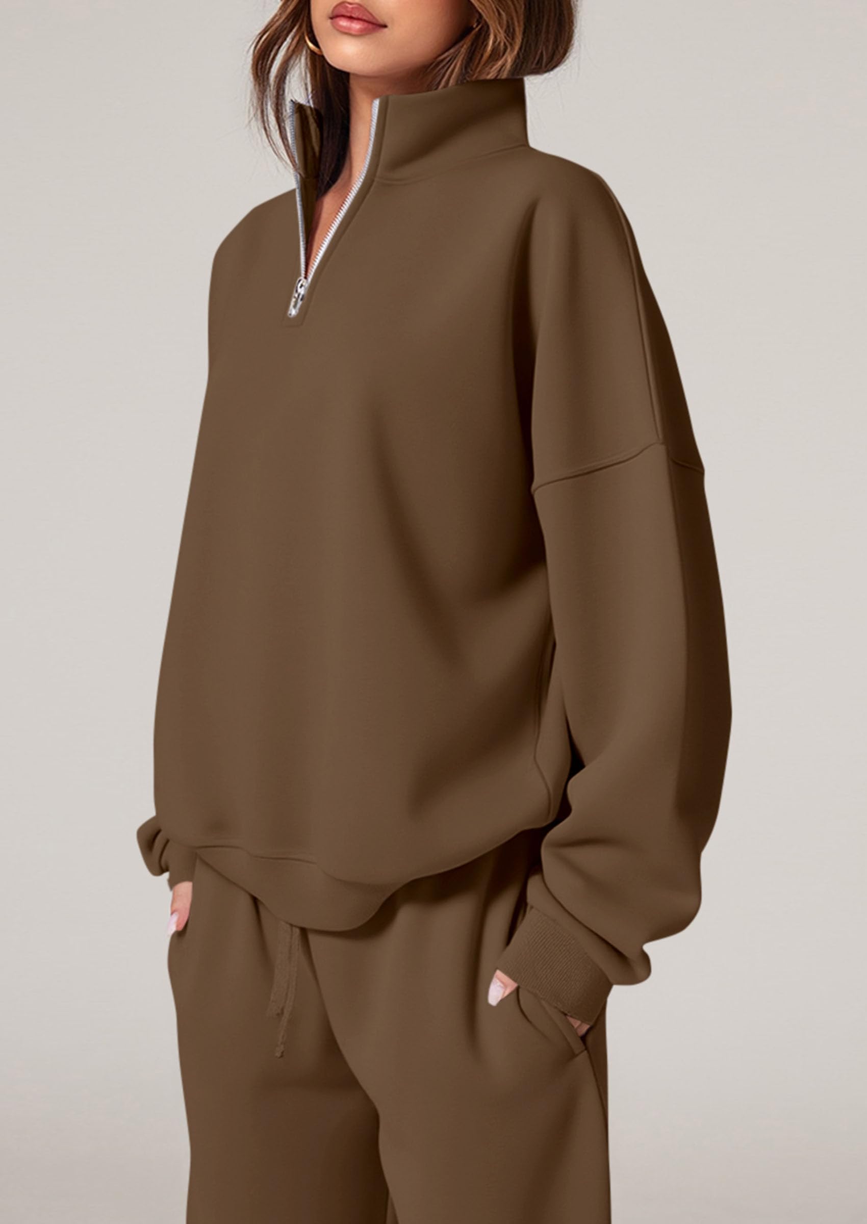 Chichi Womens Casual Two Piece Sets Fall Outfits Quarter Zip Sweatshirts Straight Leg Pants Sweatsuits Tracksuit Brown