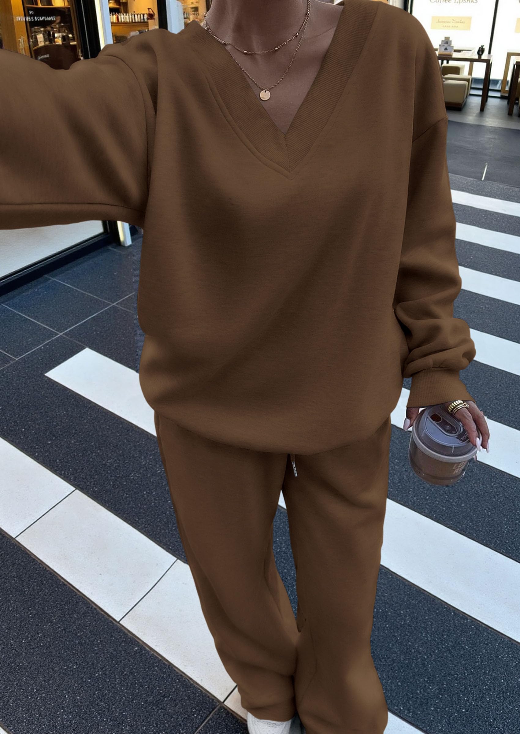 Chichi Casual Winter Two Piece Sets for Women V Neck Sweatshirt Loose Wide Leg Pants Tracksuit Knit Fall Outfits Brown