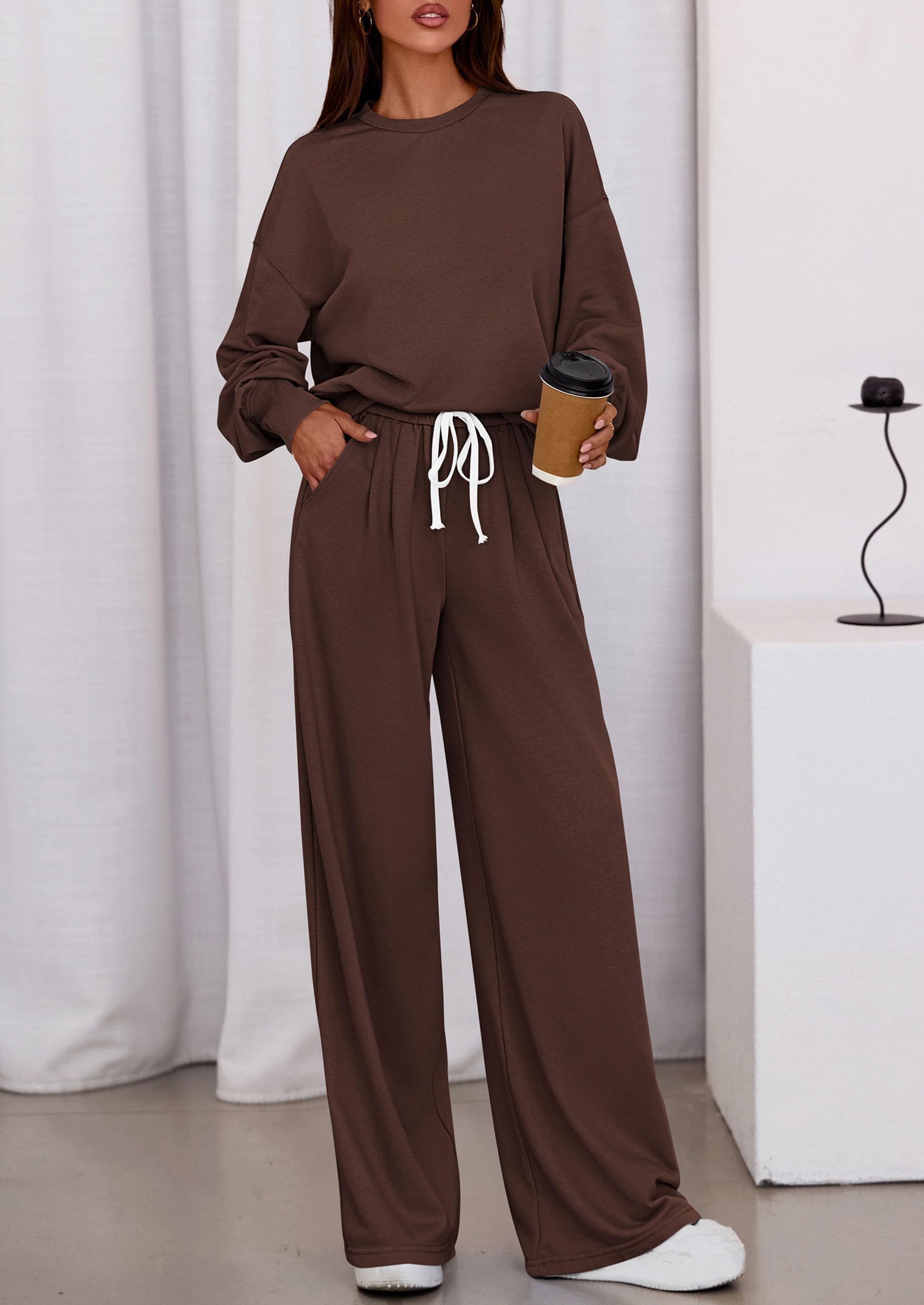 Chichi Womens 2 Piece Sets Long Sleeve Sweatshirt Wide Leg Pants Loose Matching Lounge Set Trendy Fall Outfits Brown