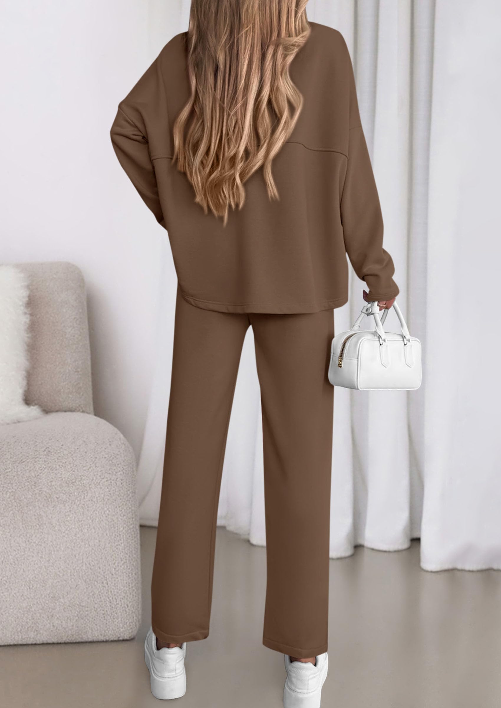 Chichi Womens 2 Piece Matching Lounge Sets Fall Long Sleeve Boatneck Sweatsuit Drawstring Sweatpants Pockets Brown