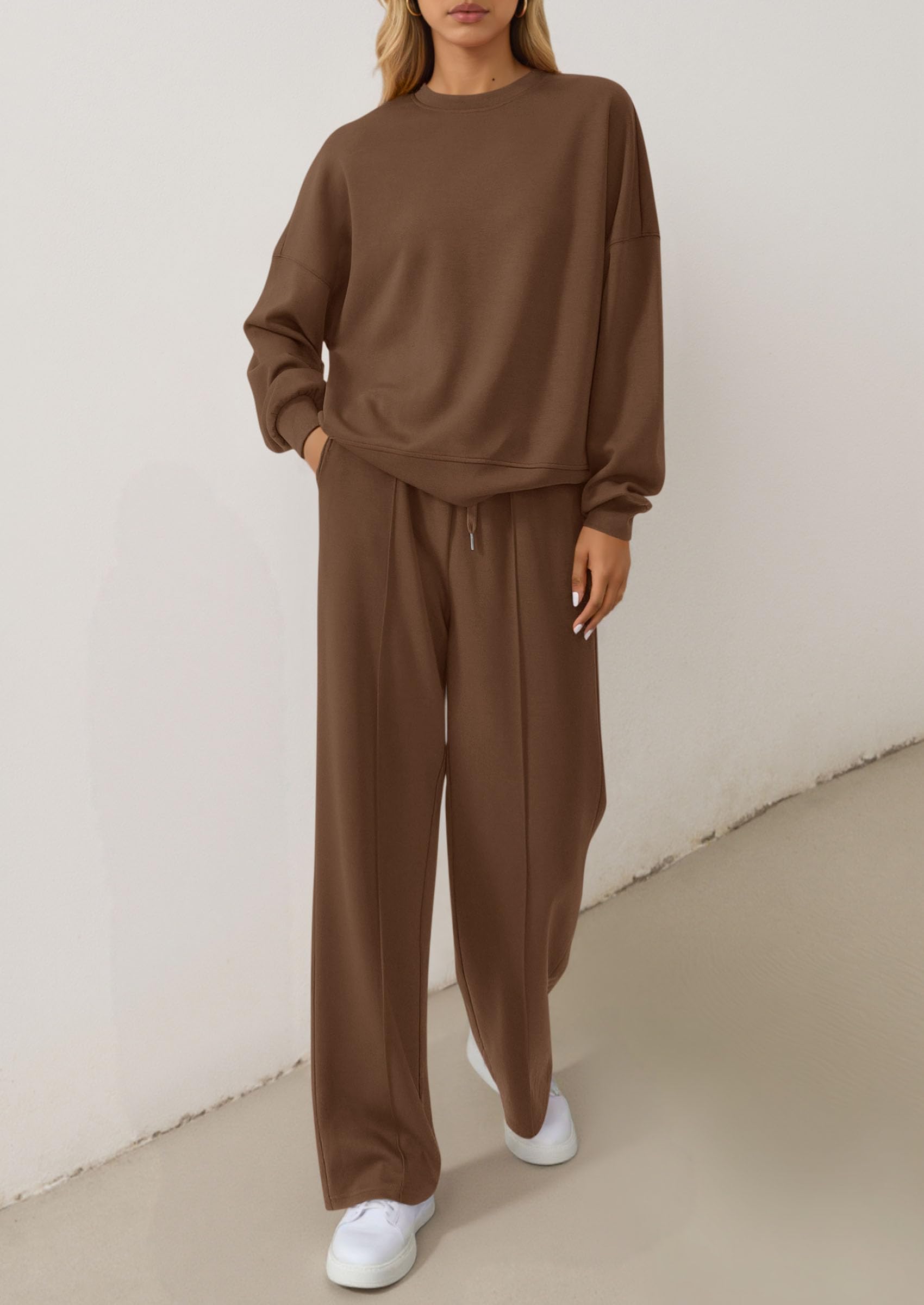 Chichi 2 Piece Sets For Women Fall Trendy Long Sleeve Sweatshirt Wide Leg Pants Loungewear Set Matching Sweatsuit Brown