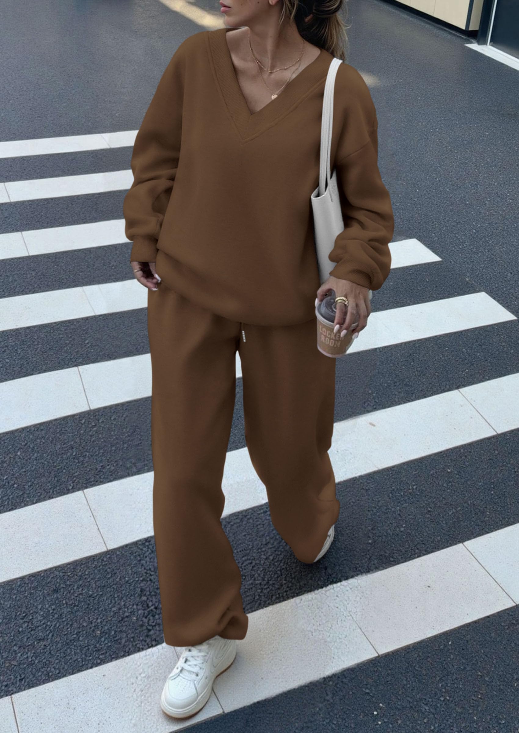 Chichi Casual Winter Two Piece Sets for Women V Neck Sweatshirt Loose Wide Leg Pants Tracksuit Knit Fall Outfits Brown