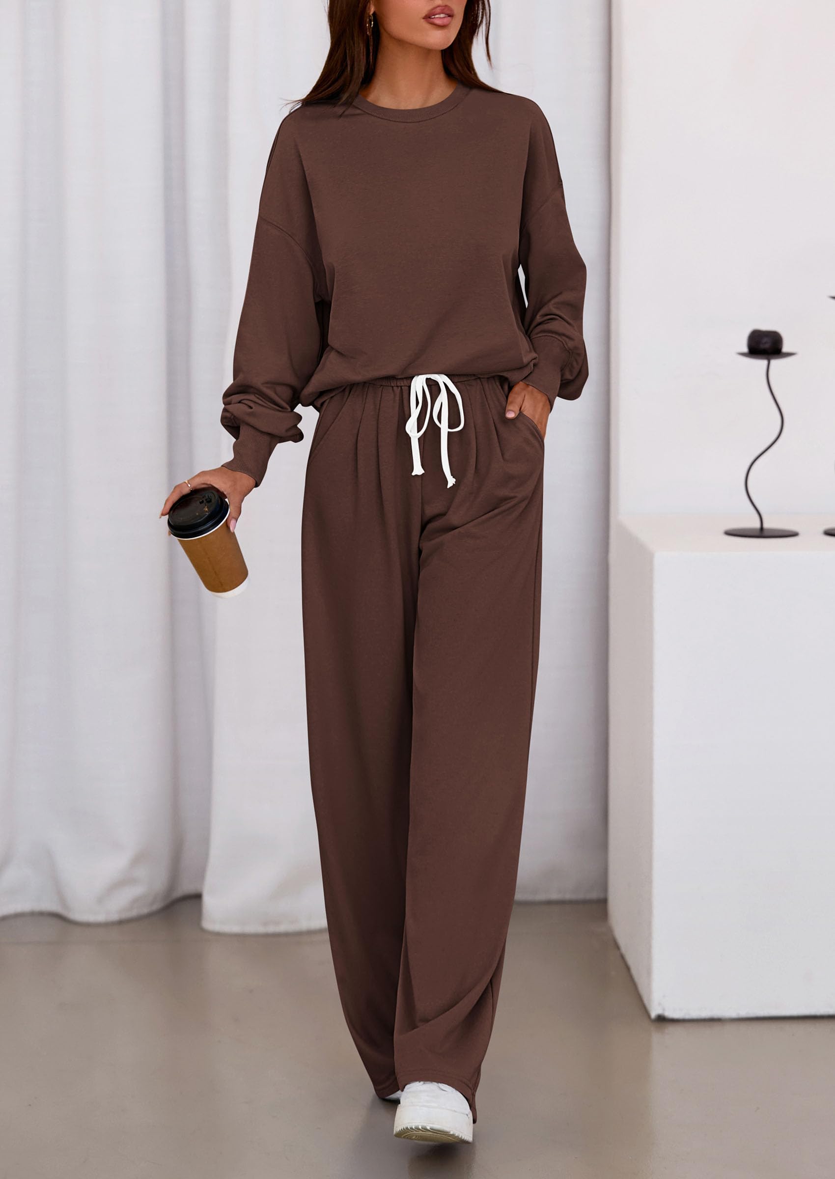 Chichi Womens 2 Piece Sets Long Sleeve Sweatshirt Wide Leg Pants Loose Matching Lounge Set Trendy Fall Outfits Brown