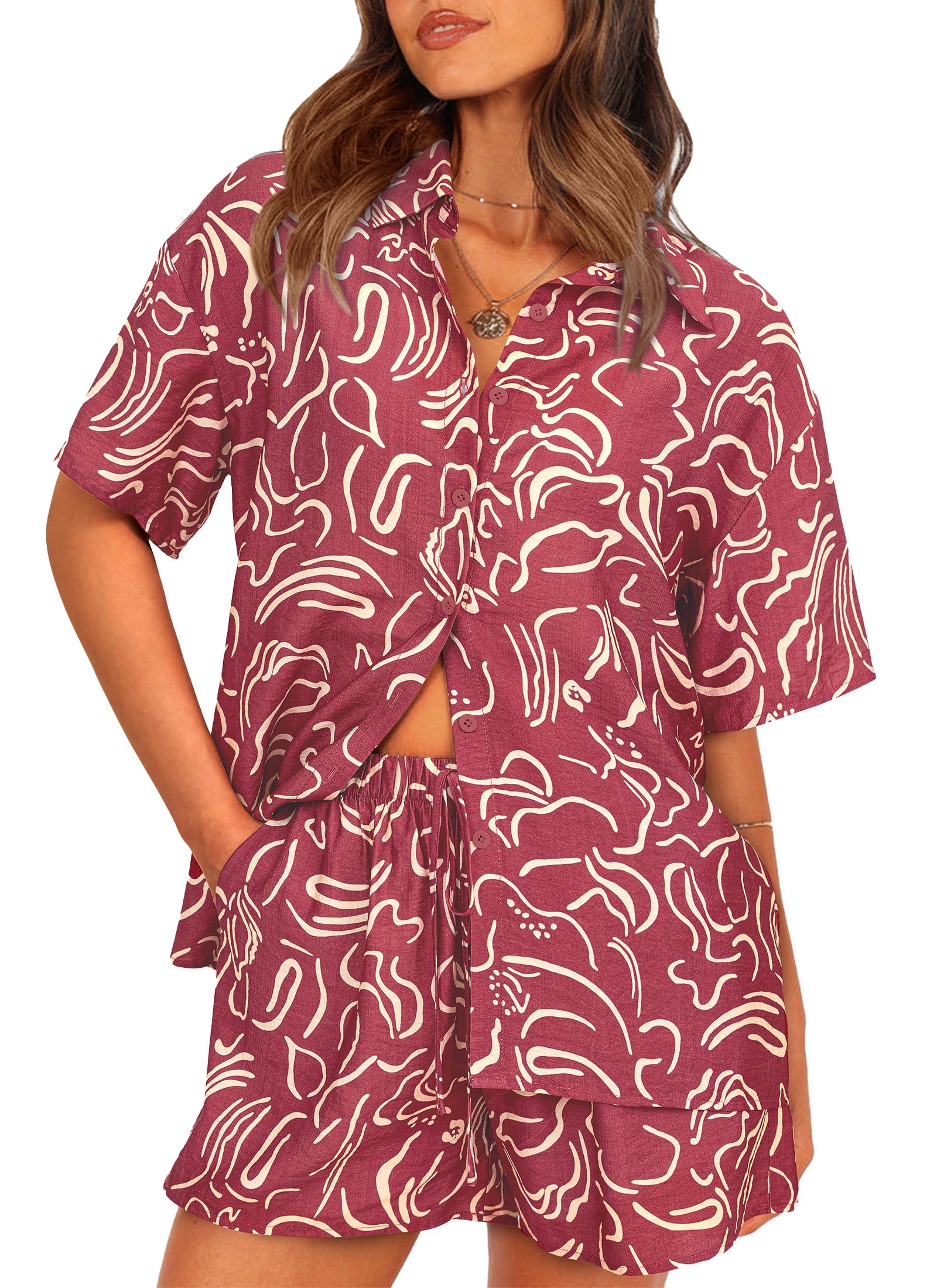 Chichi Women Summer 2 Piece Sets Printed Short Sleeve Tops Lounge Shorts Beach Vacation Outfits Beige