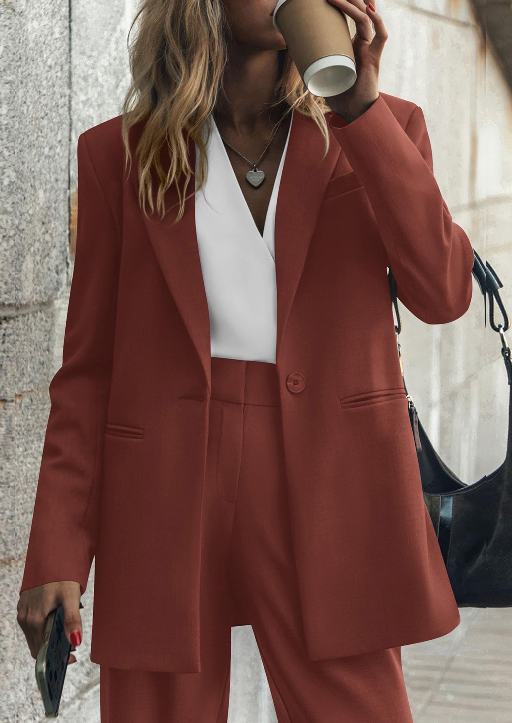 Chichi Women's Fall Two Piece Outfits Dressy Blazer Jacket and Wide Leg Pants Pockets Business Casual Office Suit Sets Brown