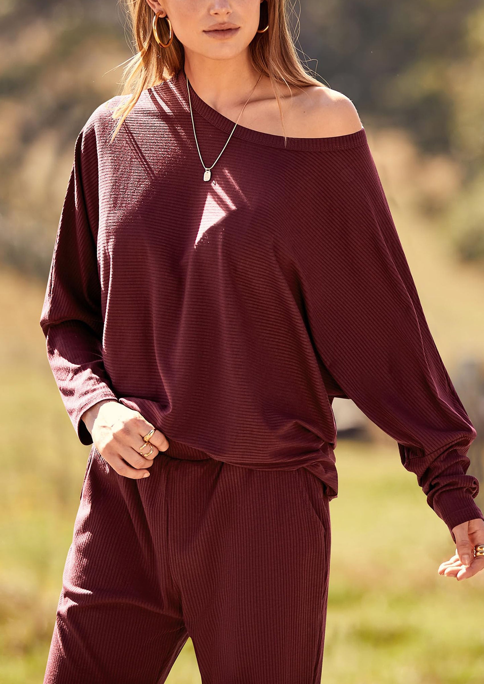 Chichi Women's Fall 2 Piece Lounge Set Long Sleeve Tops Ribbed Pants Spring Matching Sweatsuit Travel Outfits Clothes Brown Red