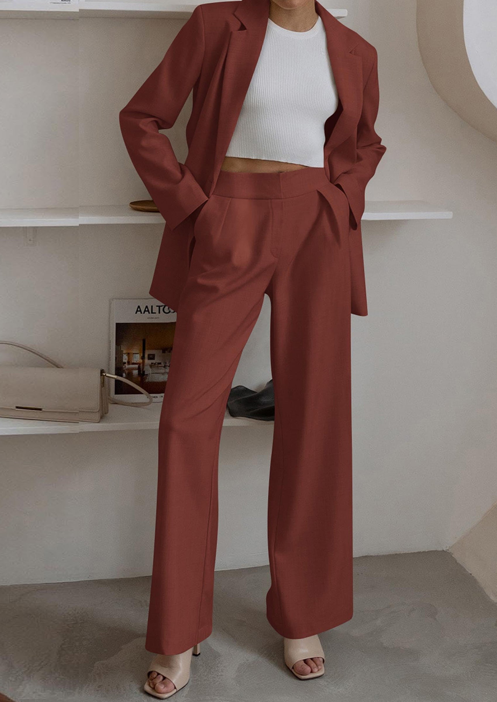 Chichi Women's Fall Two Piece Outfits Dressy Blazer Jacket and Wide Leg Pants Pockets Business Casual Office Suit Sets Brown