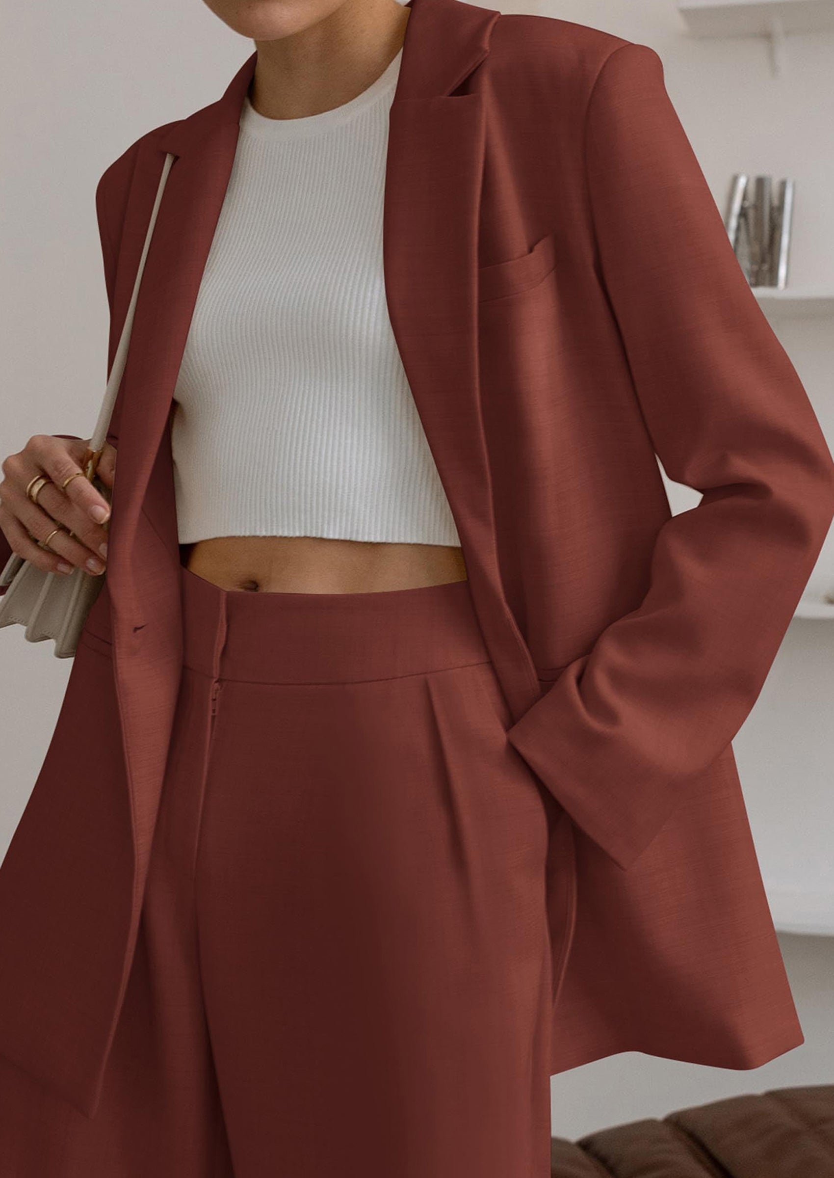 Chichi Women's Fall Two Piece Outfits Dressy Blazer Jacket and Wide Leg Pants Pockets Business Casual Office Suit Sets Brown