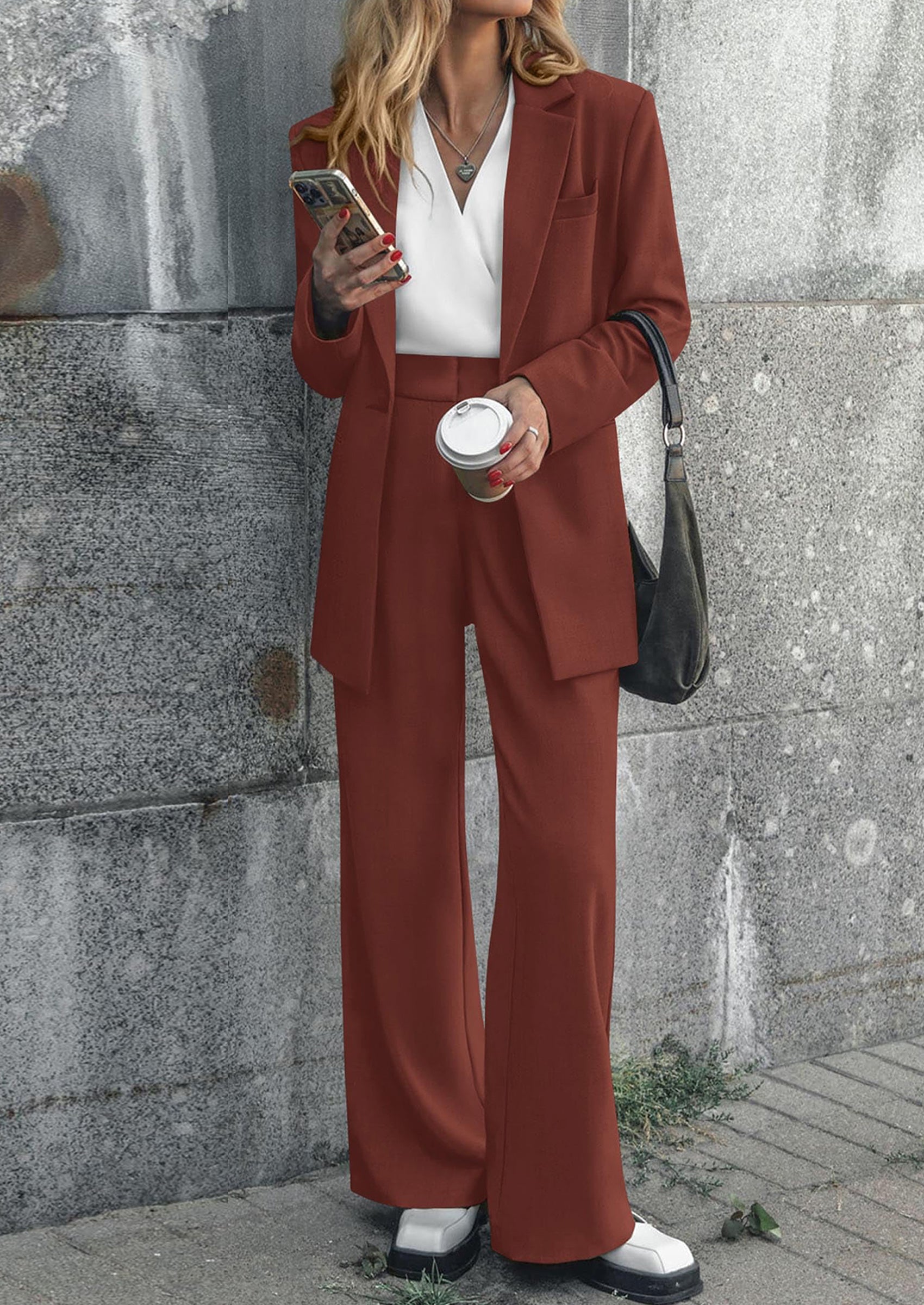 Chichi Women's Fall Two Piece Outfits Dressy Blazer Jacket and Wide Leg Pants Pockets Business Casual Office Suit Sets Brown Red