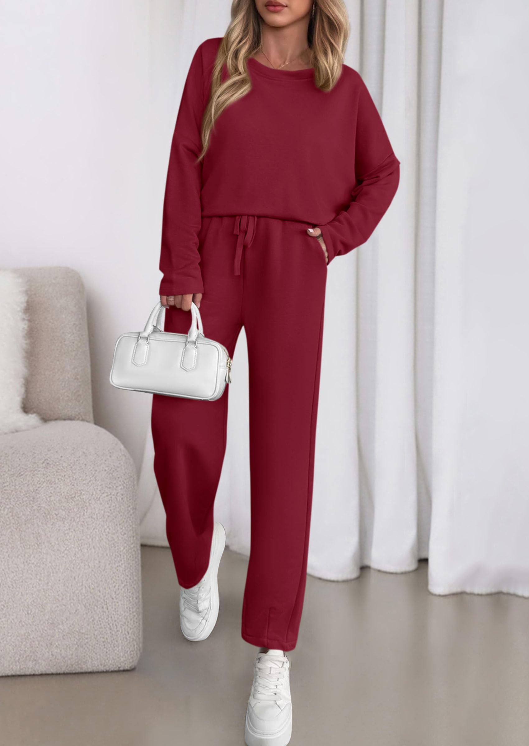 Chichi Womens 2 Piece Matching Lounge Sets Fall Long Sleeve Boatneck Sweatsuit Drawstring Sweatpants Pockets Burgundy