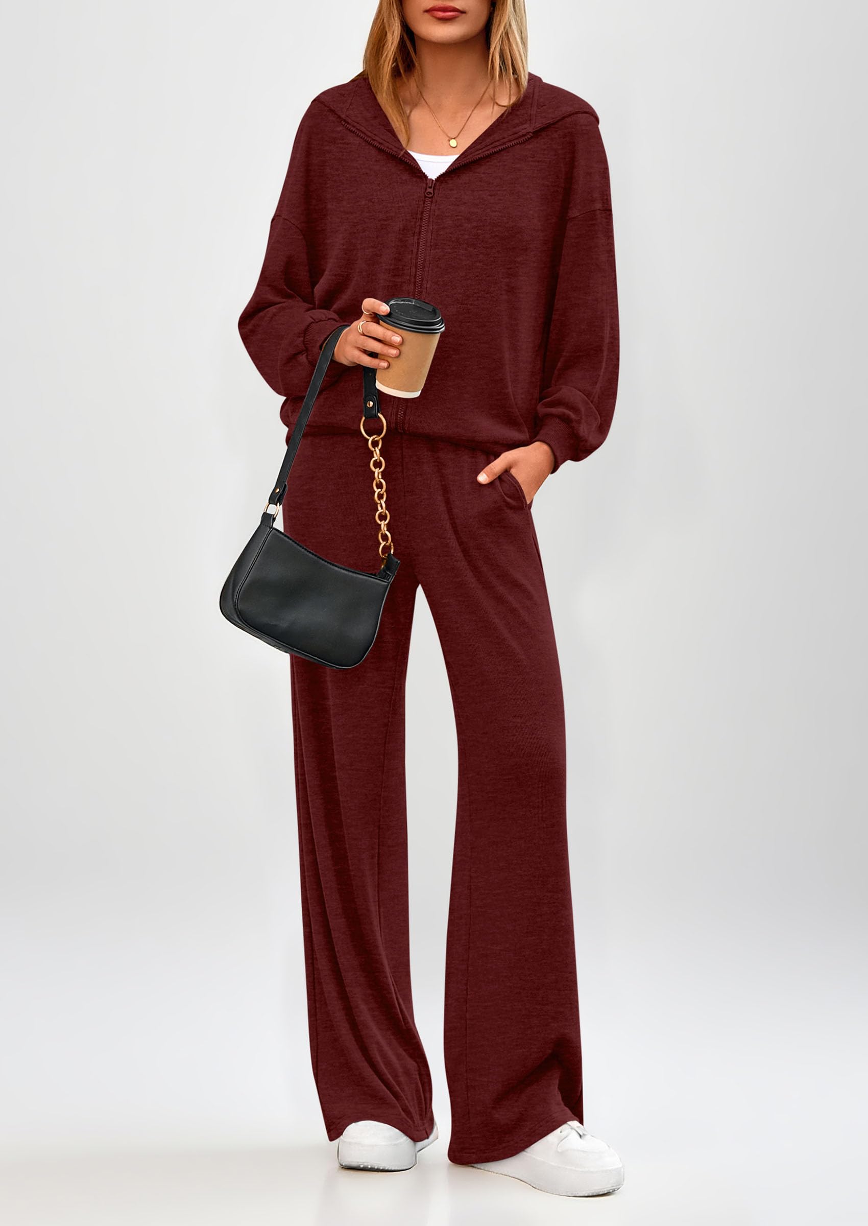 Chichi Women's 2 Piece Fall Lounge Sets Zip Up Hoodie Wide Leg Pants Tracksuit Matching Travel Outfits Clothes Burgundy