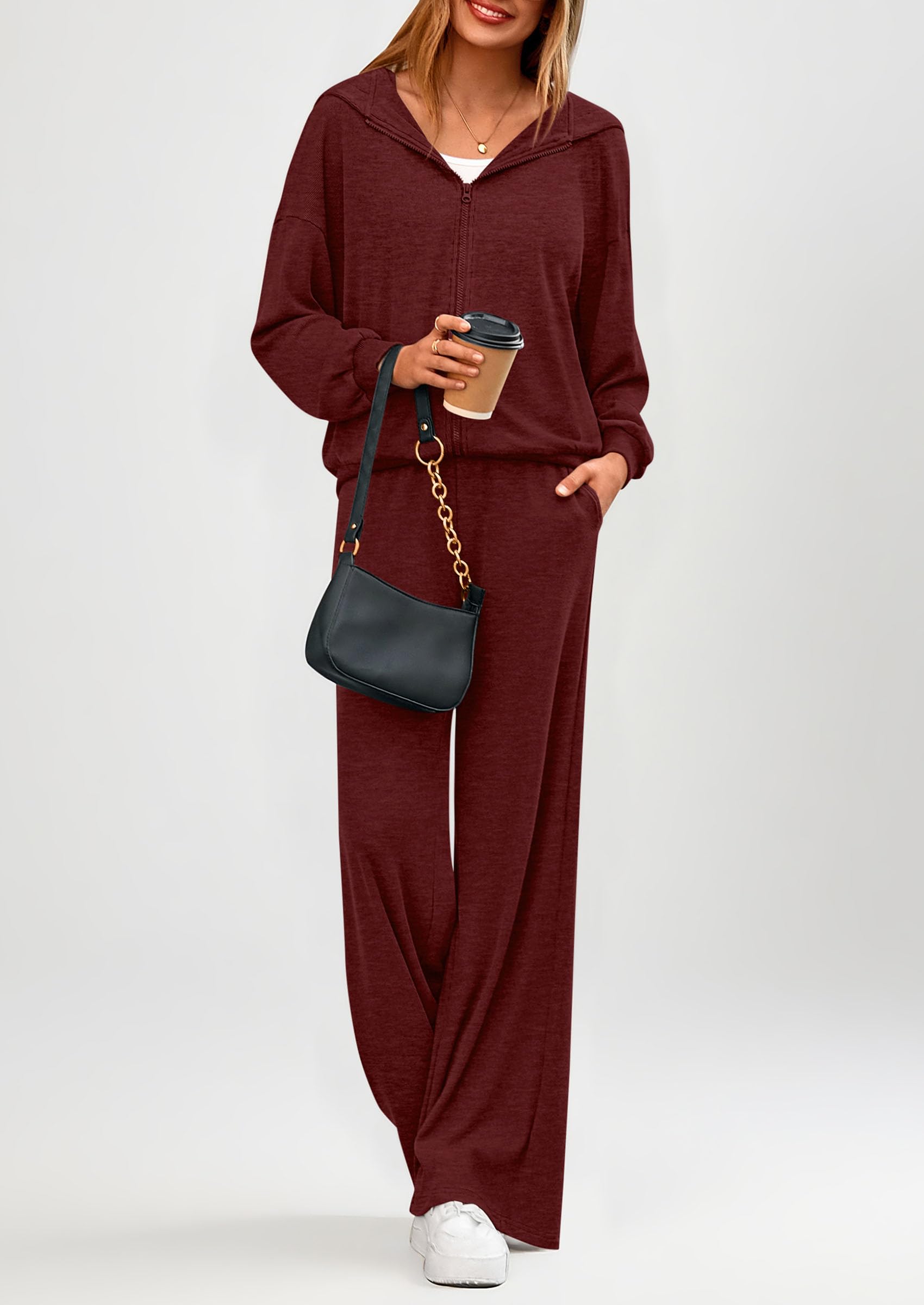 Chichi Women's 2 Piece Fall Lounge Sets Zip Up Hoodie Wide Leg Pants Tracksuit Matching Travel Outfits Clothes Burgundy