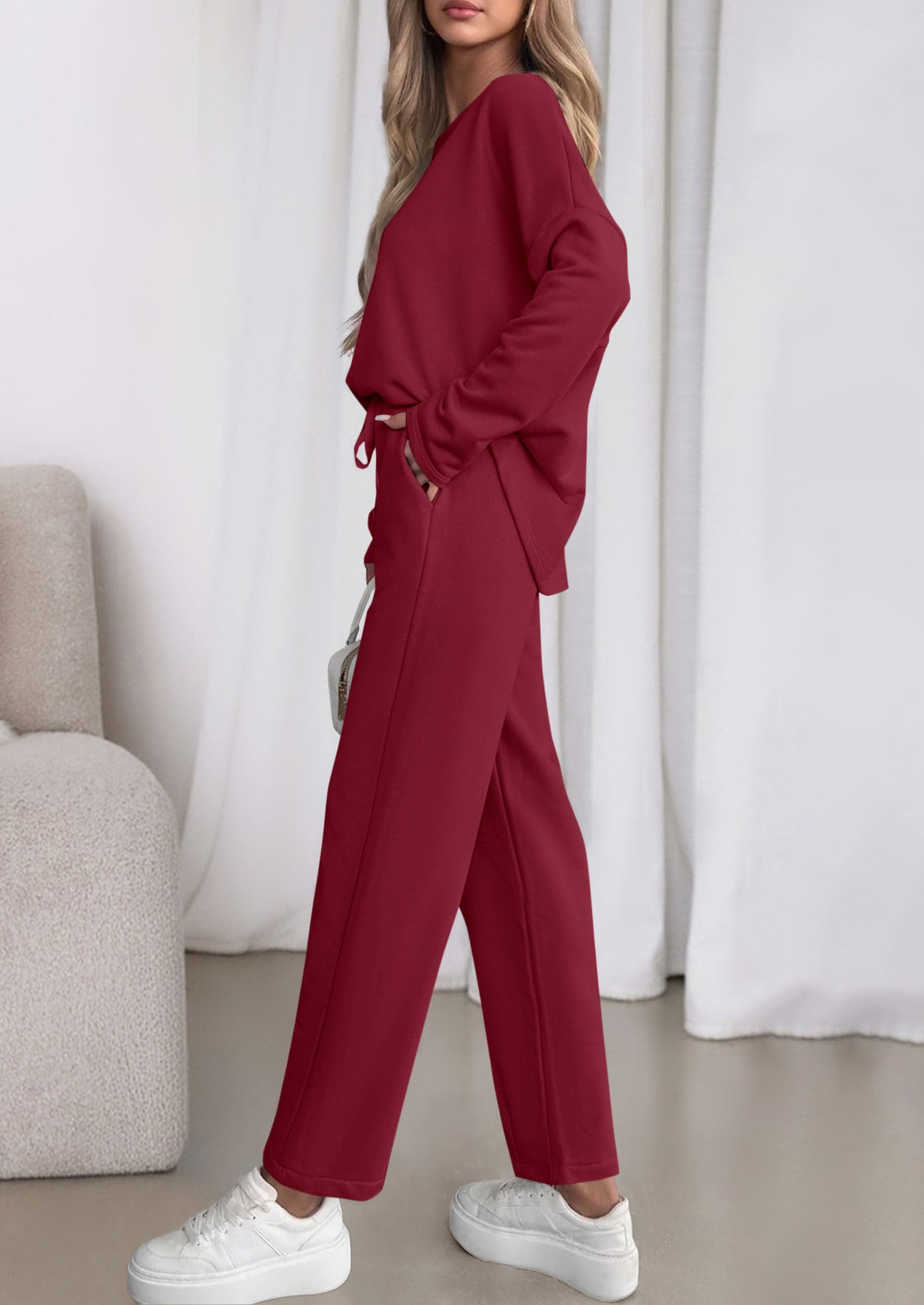 Chichi Womens 2 Piece Matching Lounge Sets Fall Long Sleeve Boatneck Sweatsuit Drawstring Sweatpants Pockets Burgundy