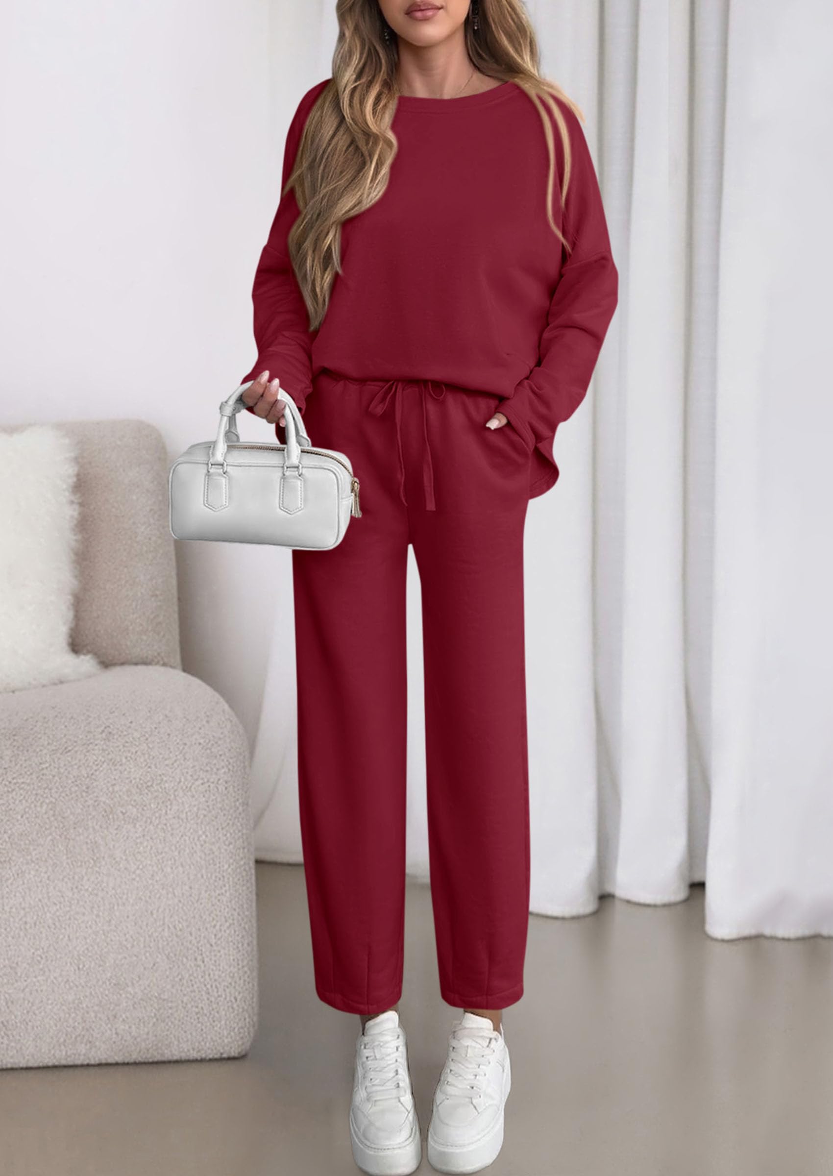 Chichi Womens 2 Piece Matching Lounge Sets Fall Long Sleeve Boatneck Sweatsuit Drawstring Sweatpants Pockets Burgundy