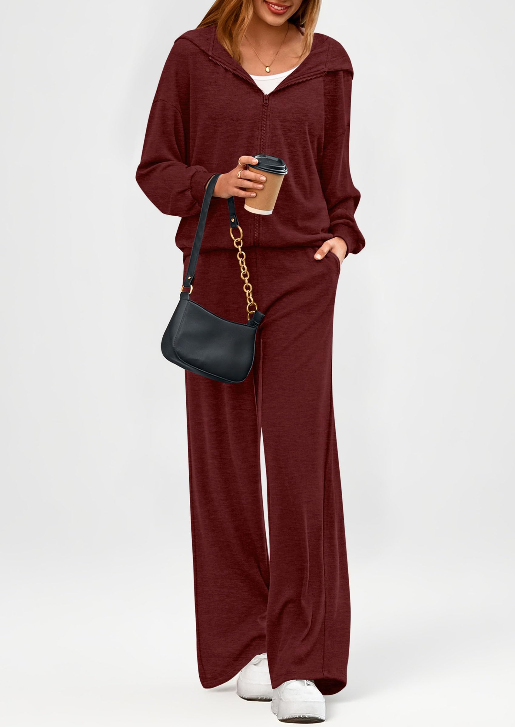 Chichi Women's 2 Piece Fall Lounge Sets Zip Up Hoodie Wide Leg Pants Tracksuit Matching Travel Outfits Clothes Burgundy