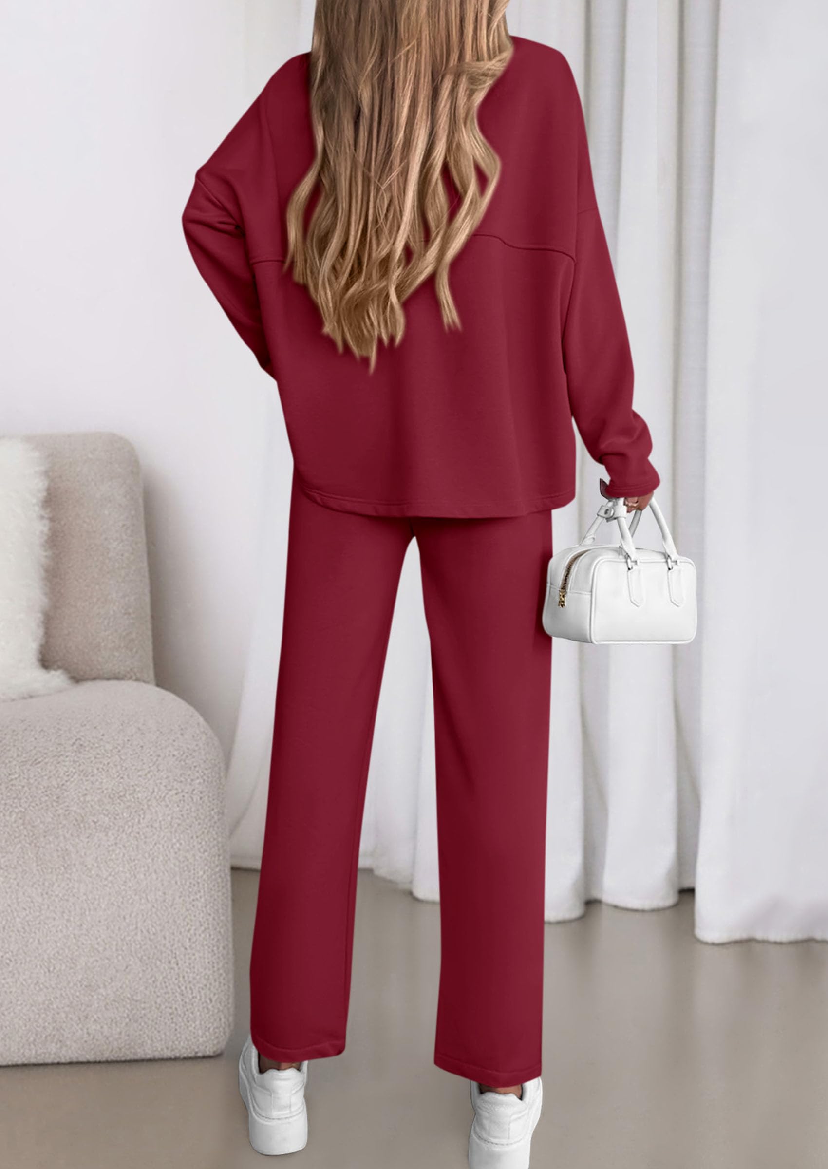 Chichi Womens 2 Piece Matching Lounge Sets Fall Long Sleeve Boatneck Sweatsuit Drawstring Sweatpants Pockets Burgundy