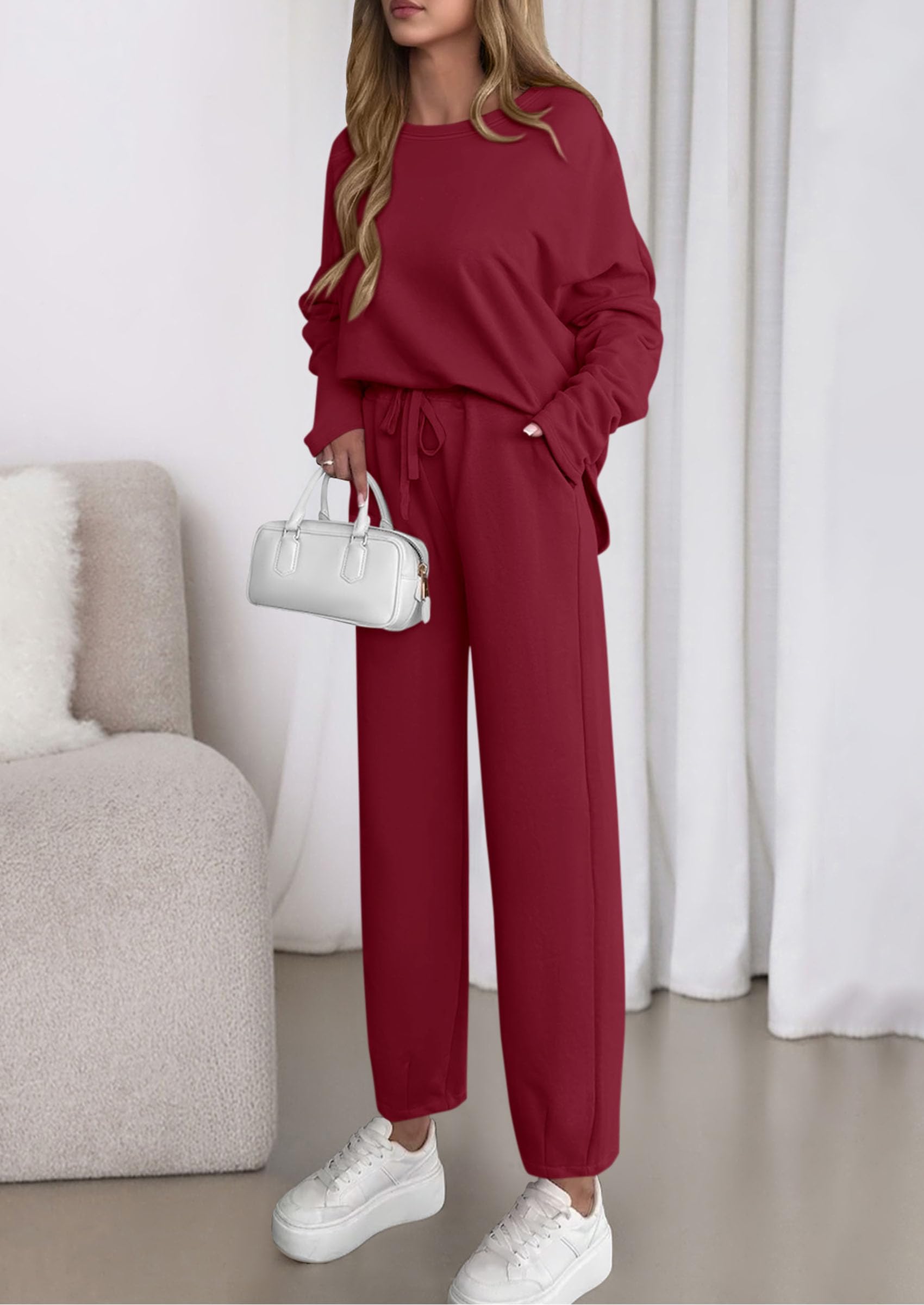 Chichi Womens 2 Piece Matching Lounge Sets Fall Long Sleeve Boatneck Sweatsuit Drawstring Sweatpants Pockets Burgundy