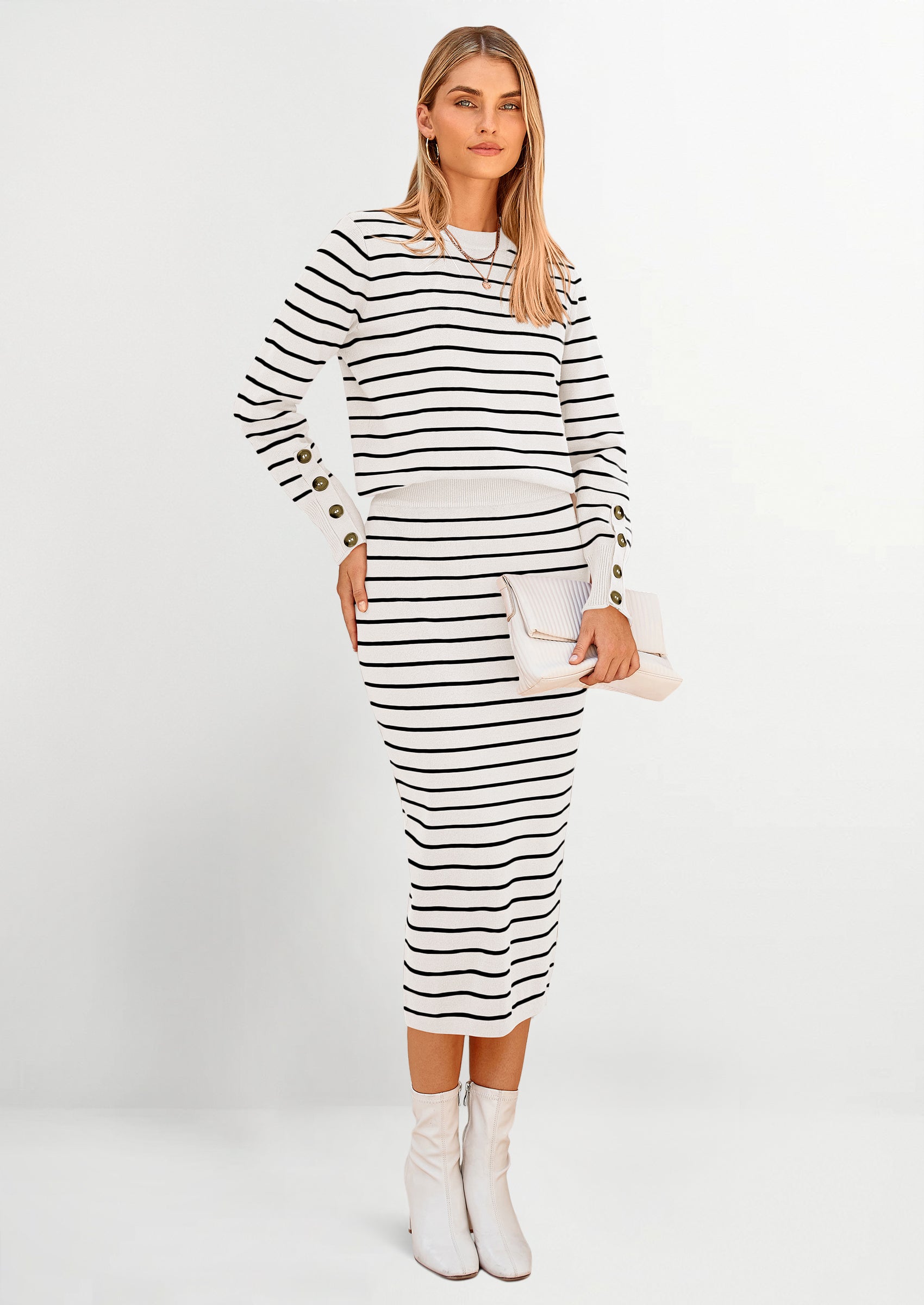 Chichi 2 Piece Skirts Sets For Women Fall Fashion Striped Sweater Dress Knit Lounge Travel Outfits Winter Clothing White Stripe