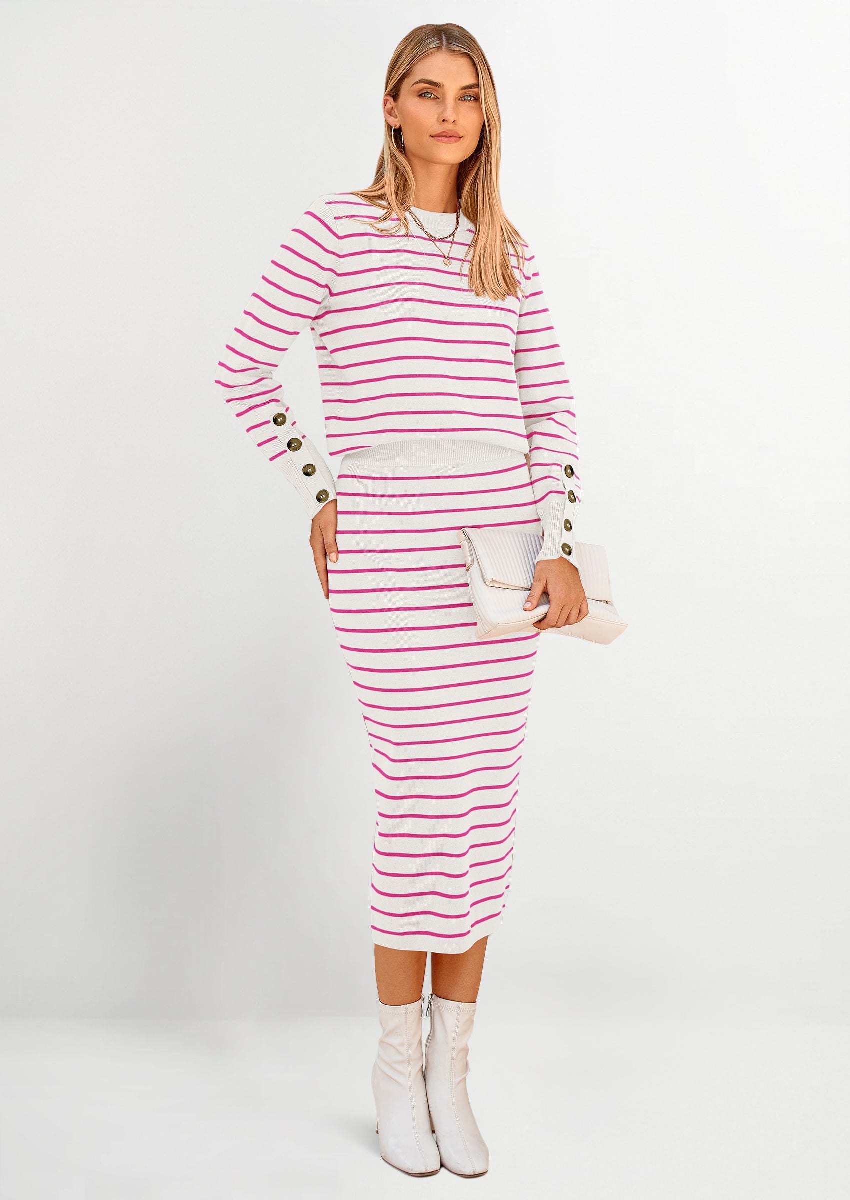 Chichi 2 Piece Skirts Sets For Women Fall Fashion Striped Sweater Dress Knit Lounge Travel Outfits Winter Clothing Rose Red Stripe