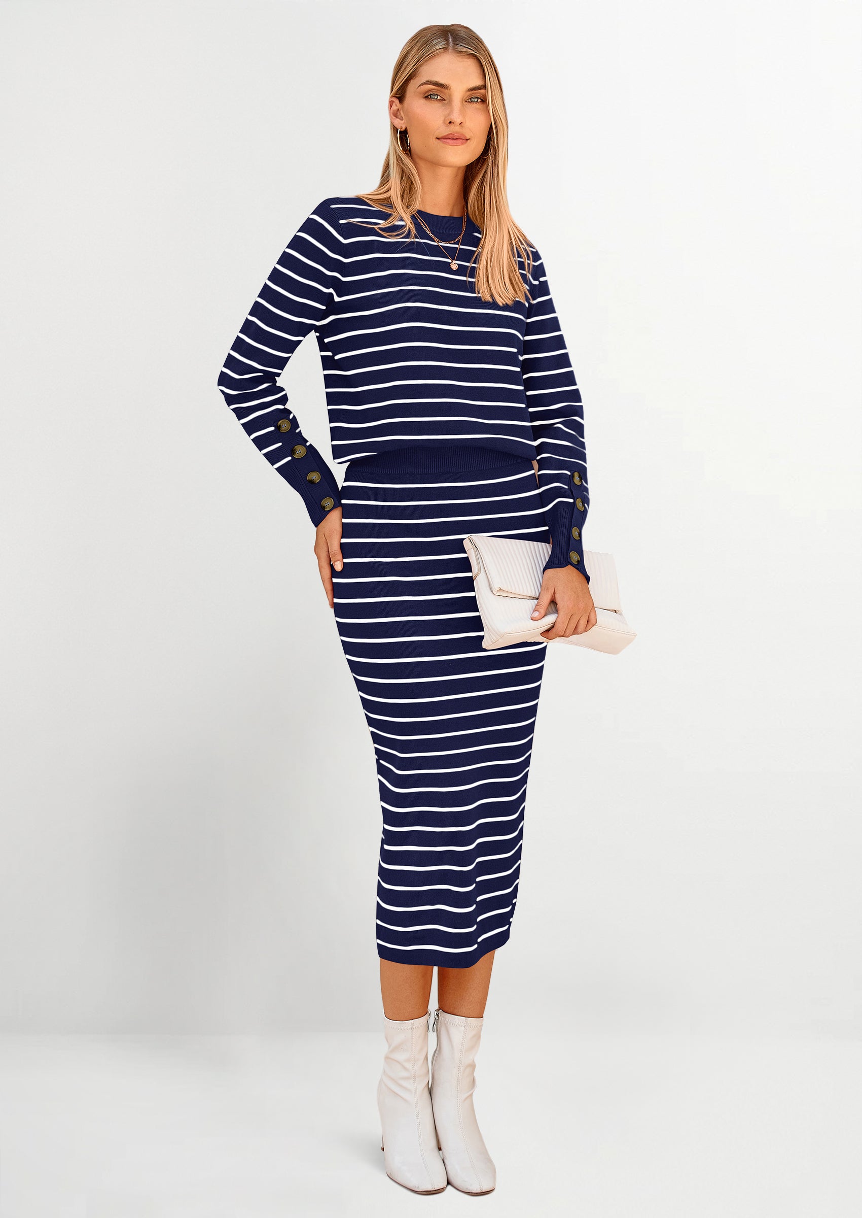 Chichi 2 Piece Skirts Sets For Women Fall Fashion Striped Sweater Dress Knit Lounge Travel Outfits Winter Clothing Royal Blue White Stripe