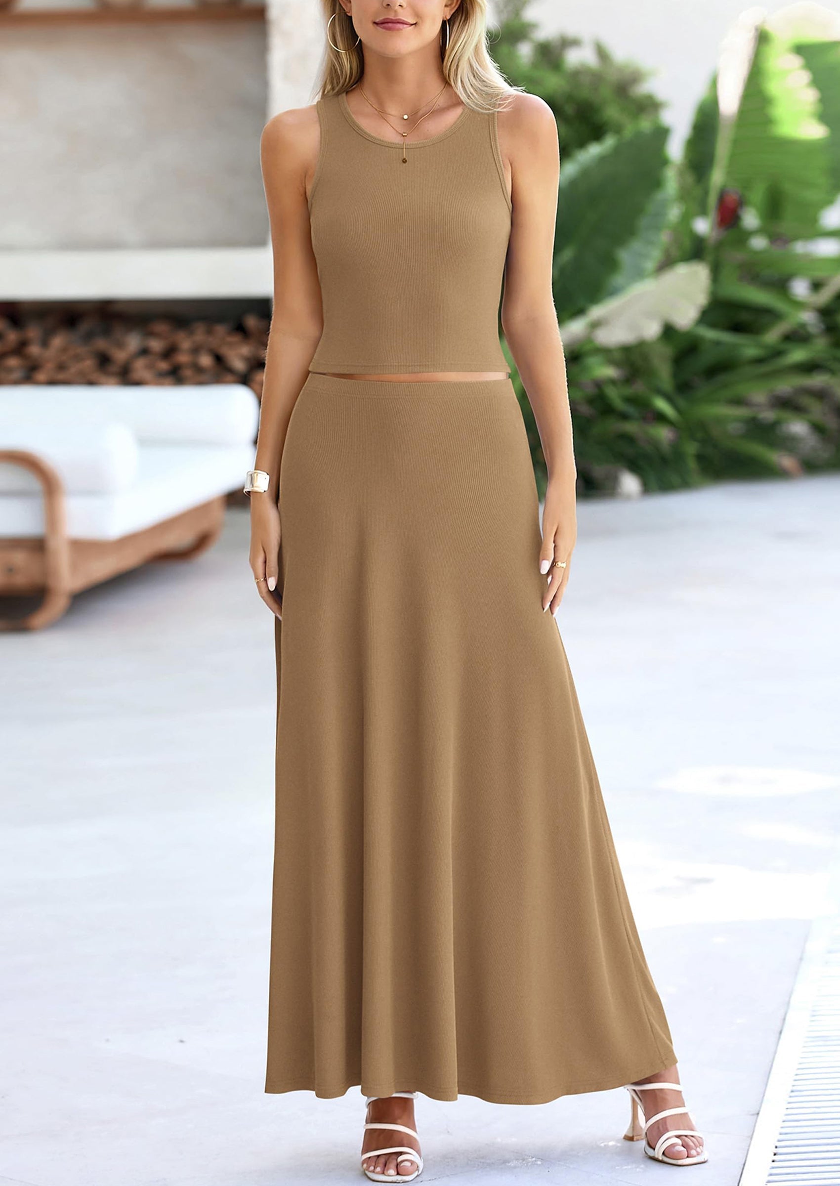Chichi 2 Piece Maxi Skirt Sets Casual Knit Cropped Tank Top High Waisted Long Skirts Outfit Blue Green