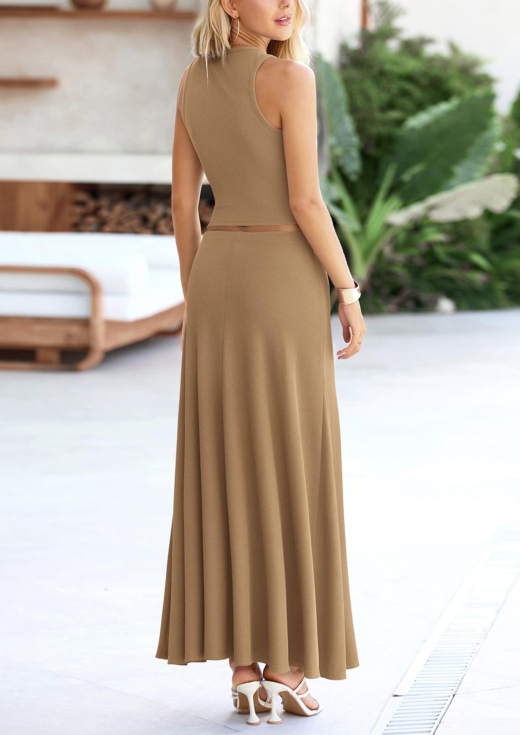Chichi 2 Piece Maxi Skirt Sets Casual Knit Cropped Tank Top High Waisted Long Skirts Outfit Blue Green