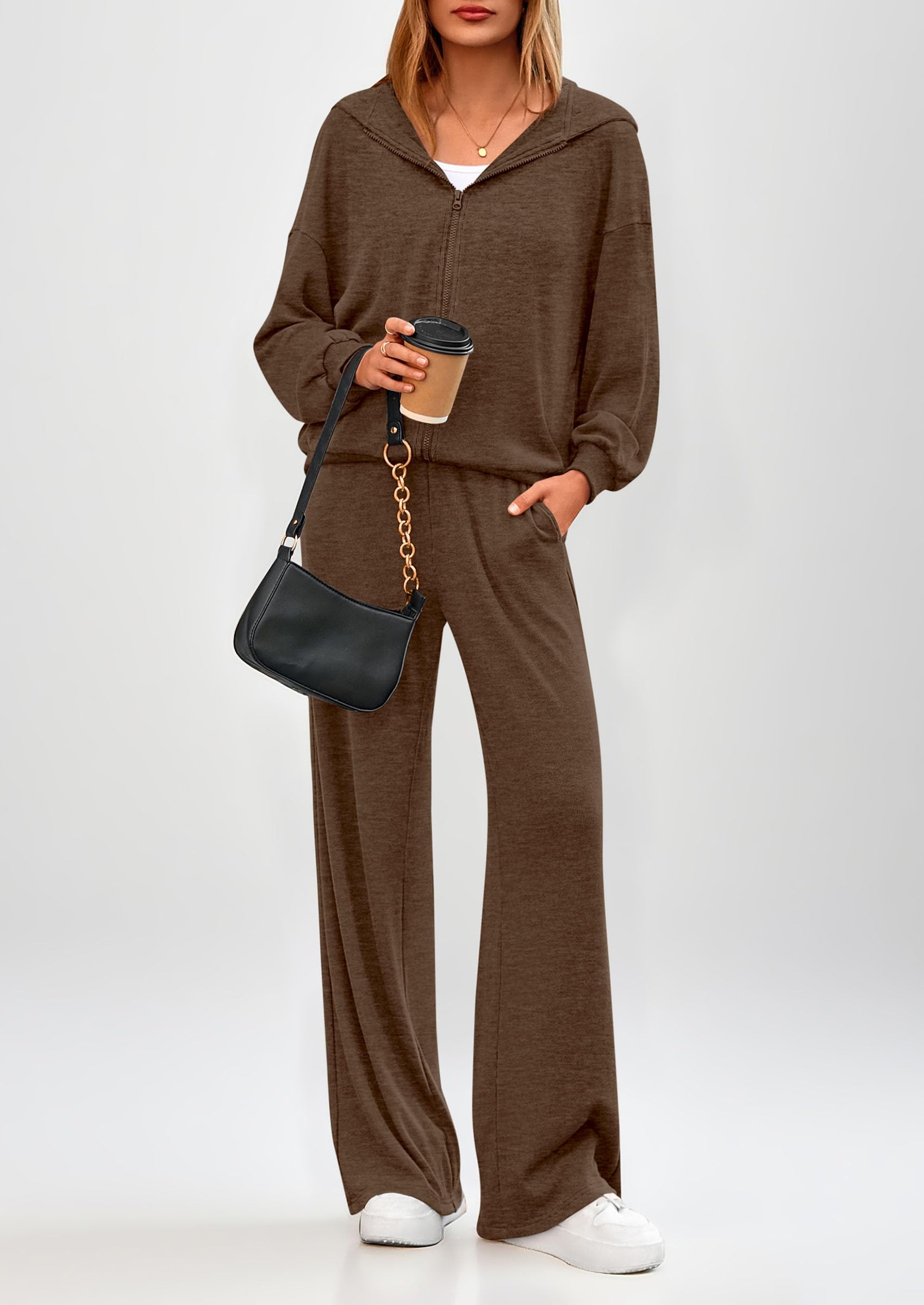 Chichi Women's 2 Piece Fall Lounge Sets Zip Up Hoodie Wide Leg Pants Tracksuit Matching Travel Outfits Clothes Coffee
