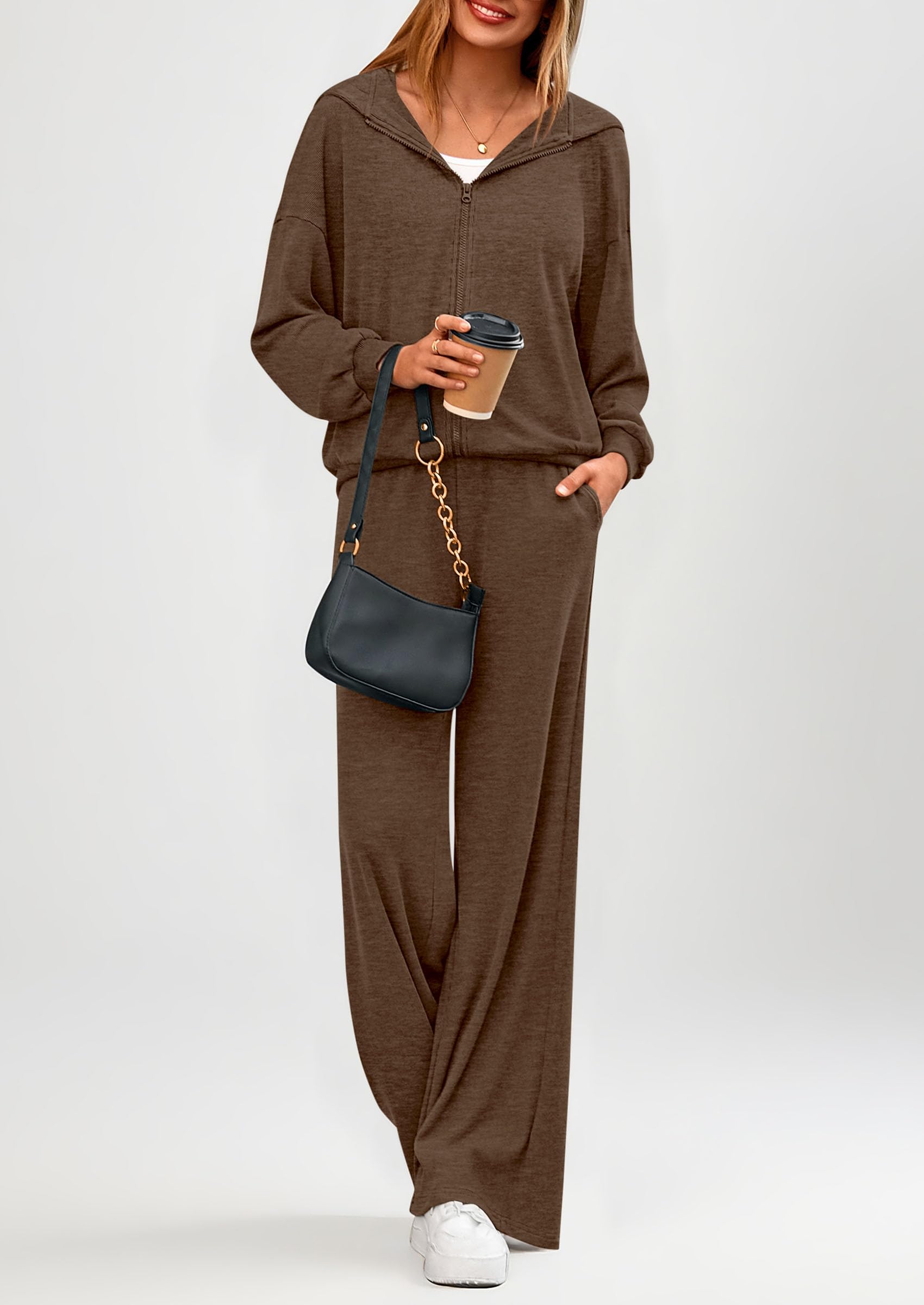 Chichi Women's 2 Piece Fall Lounge Sets Zip Up Hoodie Wide Leg Pants Tracksuit Matching Travel Outfits Clothes Coffee