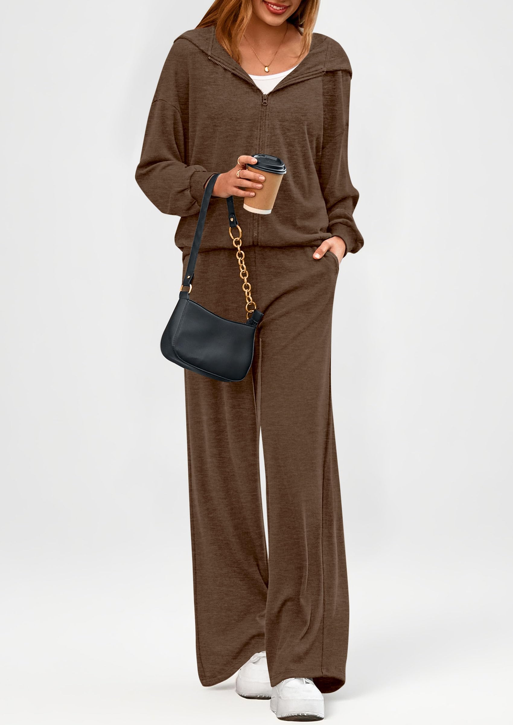 Chichi Women's 2 Piece Fall Lounge Sets Zip Up Hoodie Wide Leg Pants Tracksuit Matching Travel Outfits Clothes Coffee