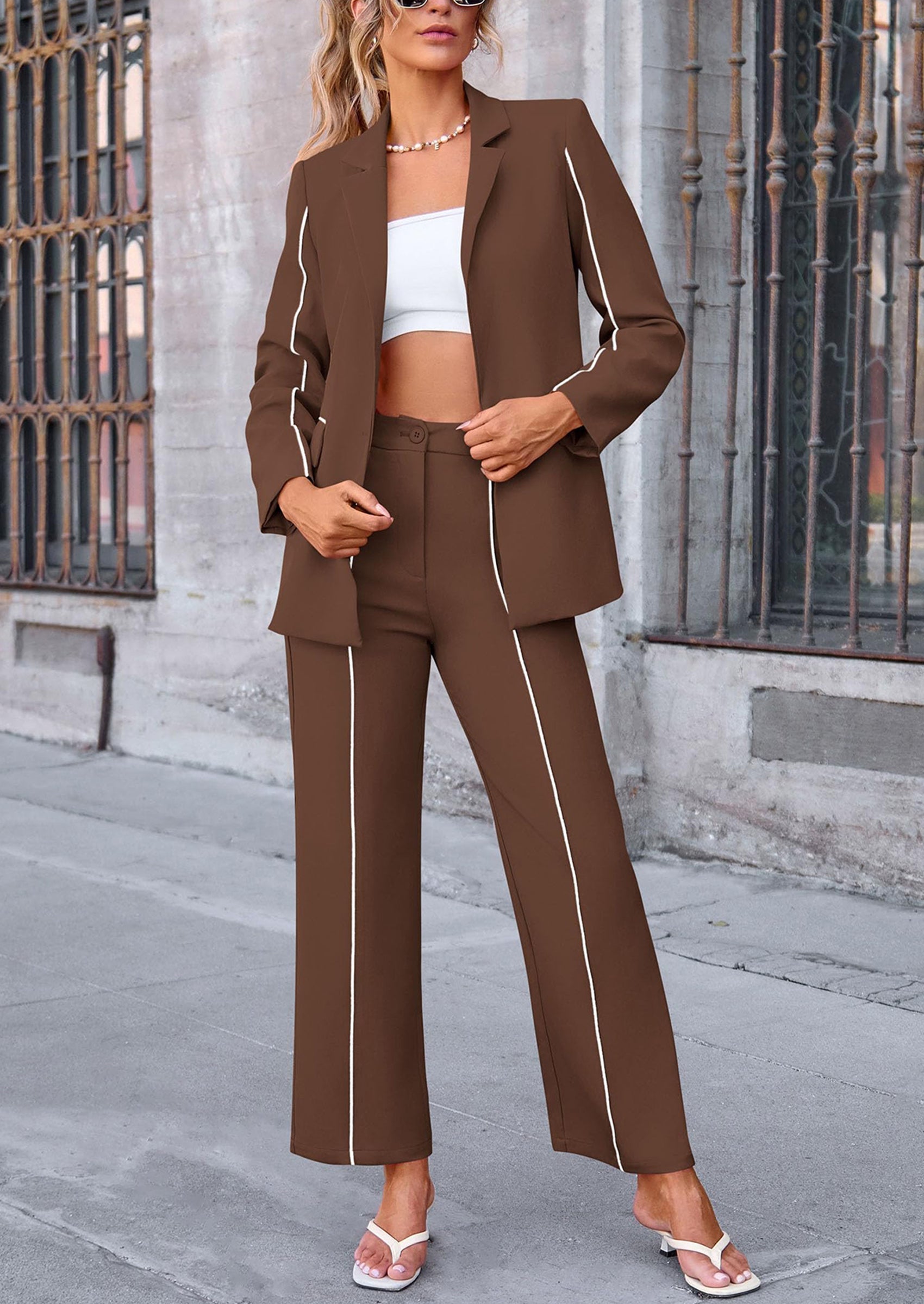 Chichi 2 Piece Blazer Outfits Business Casual Oversized Jacket Wide Leg Work Pants Dressy Suit Set Black