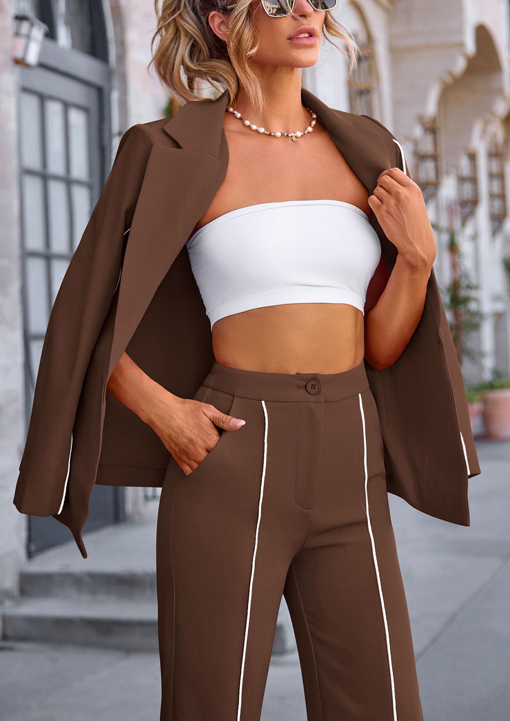 Chichi 2 Piece Blazer Outfits Business Casual Oversized Jacket Wide Leg Work Pants Dressy Suit Set Black