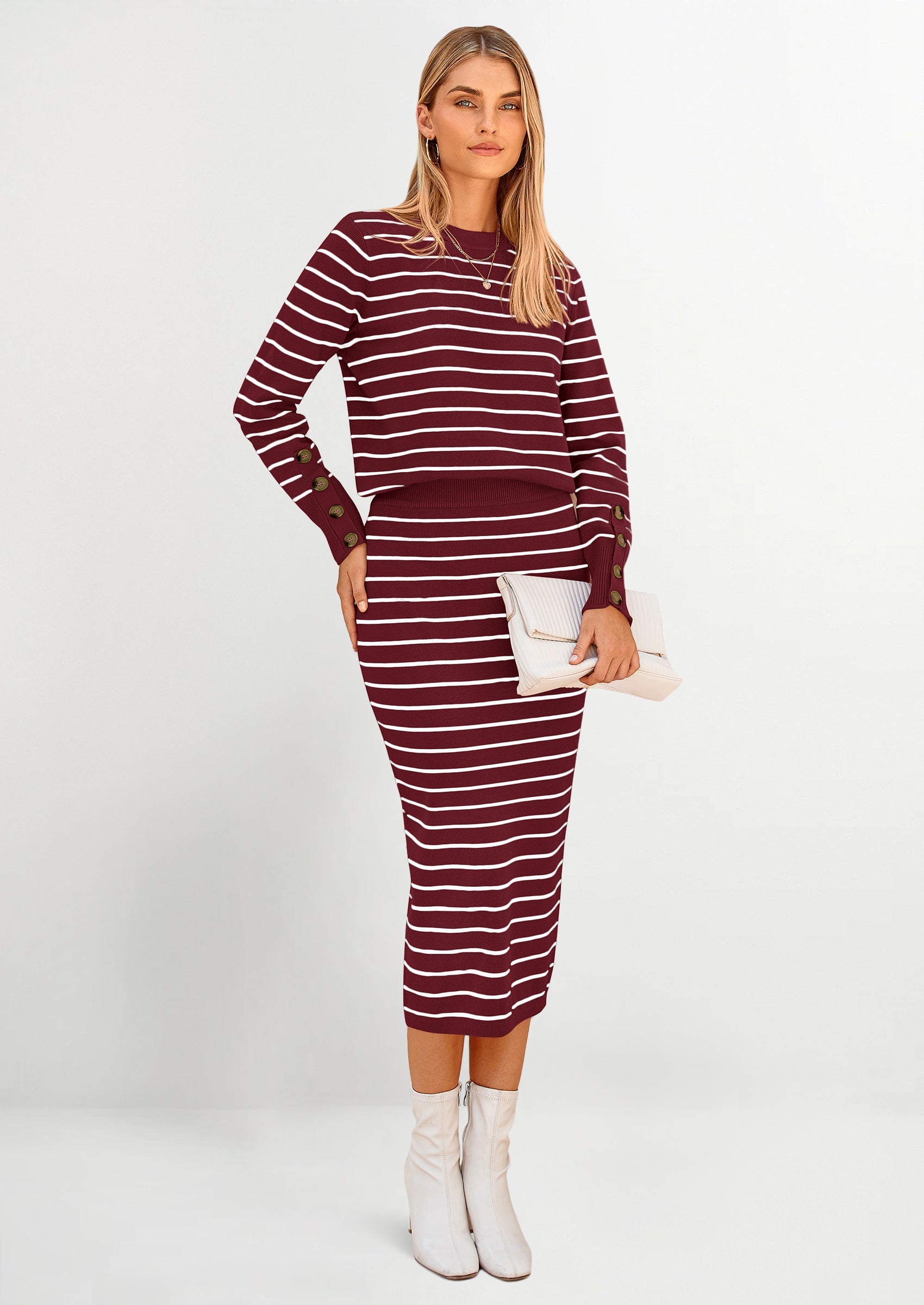Chichi 2 Piece Skirts Sets For Women Fall Fashion Striped Sweater Dress Knit Lounge Travel Outfits Winter Clothing Wine Red White Stripe