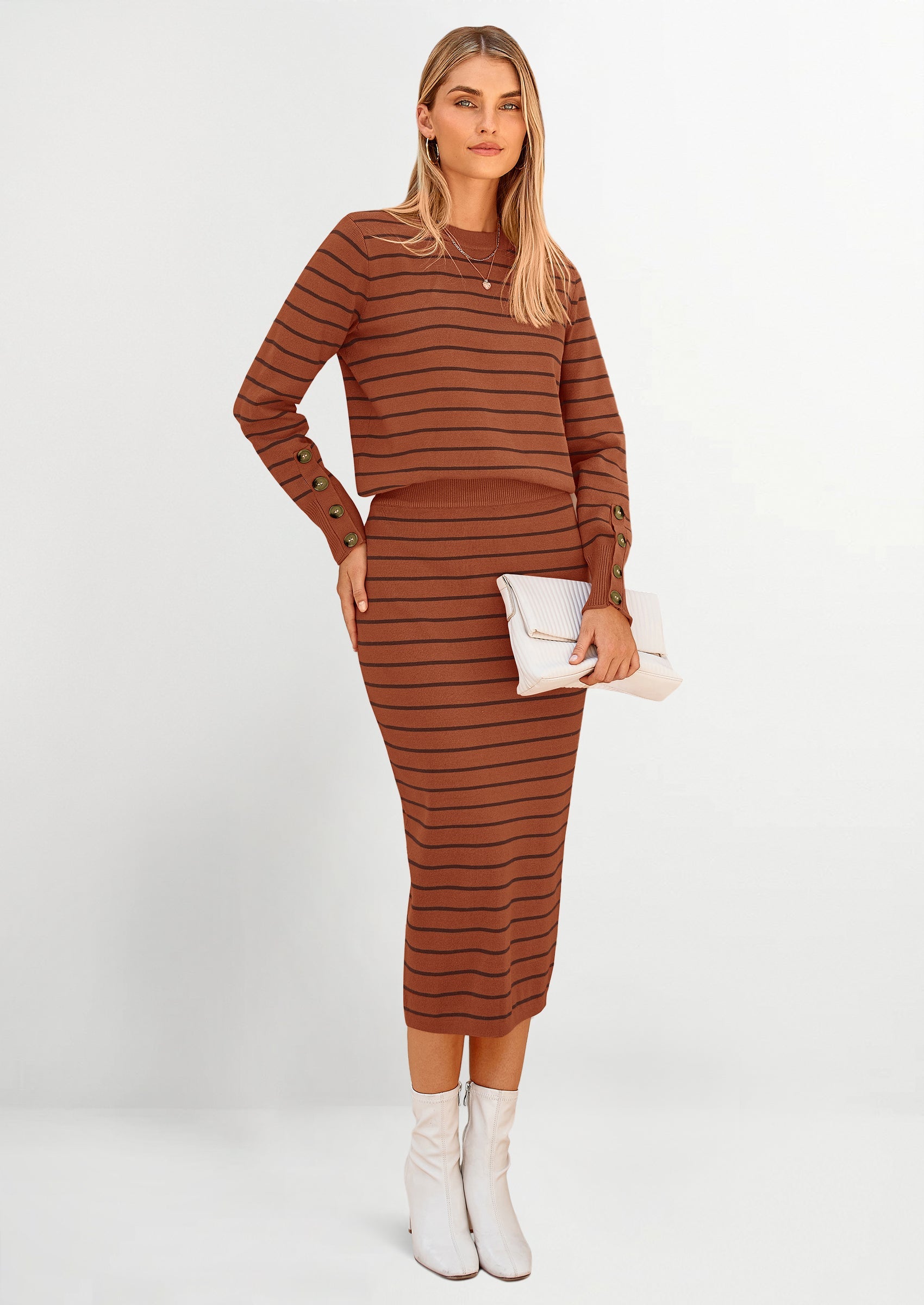 Chichi 2 Piece Skirts Sets For Women Fall Fashion Striped Sweater Dress Knit Lounge Travel Outfits Winter Clothing Brick Red Stripe