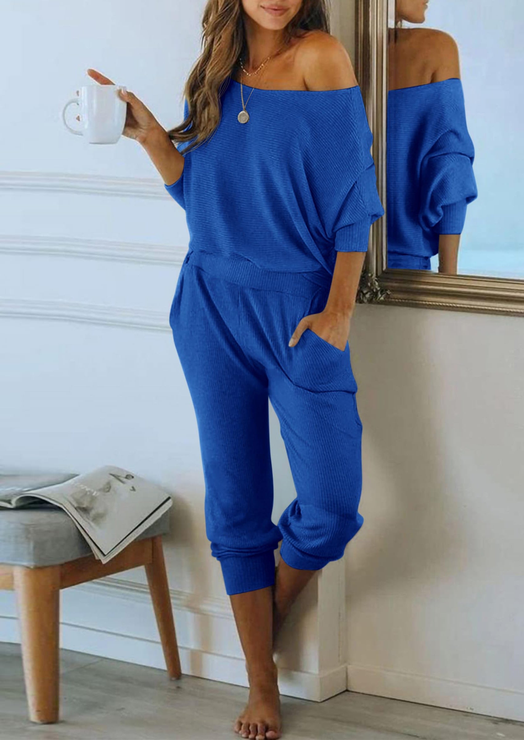 Chichi Women's 2 Piece Ribbed Tracksuit Outfits Off Shoulder Long Sleeve Pullover Lounge Pants with Pockets Dark Blue