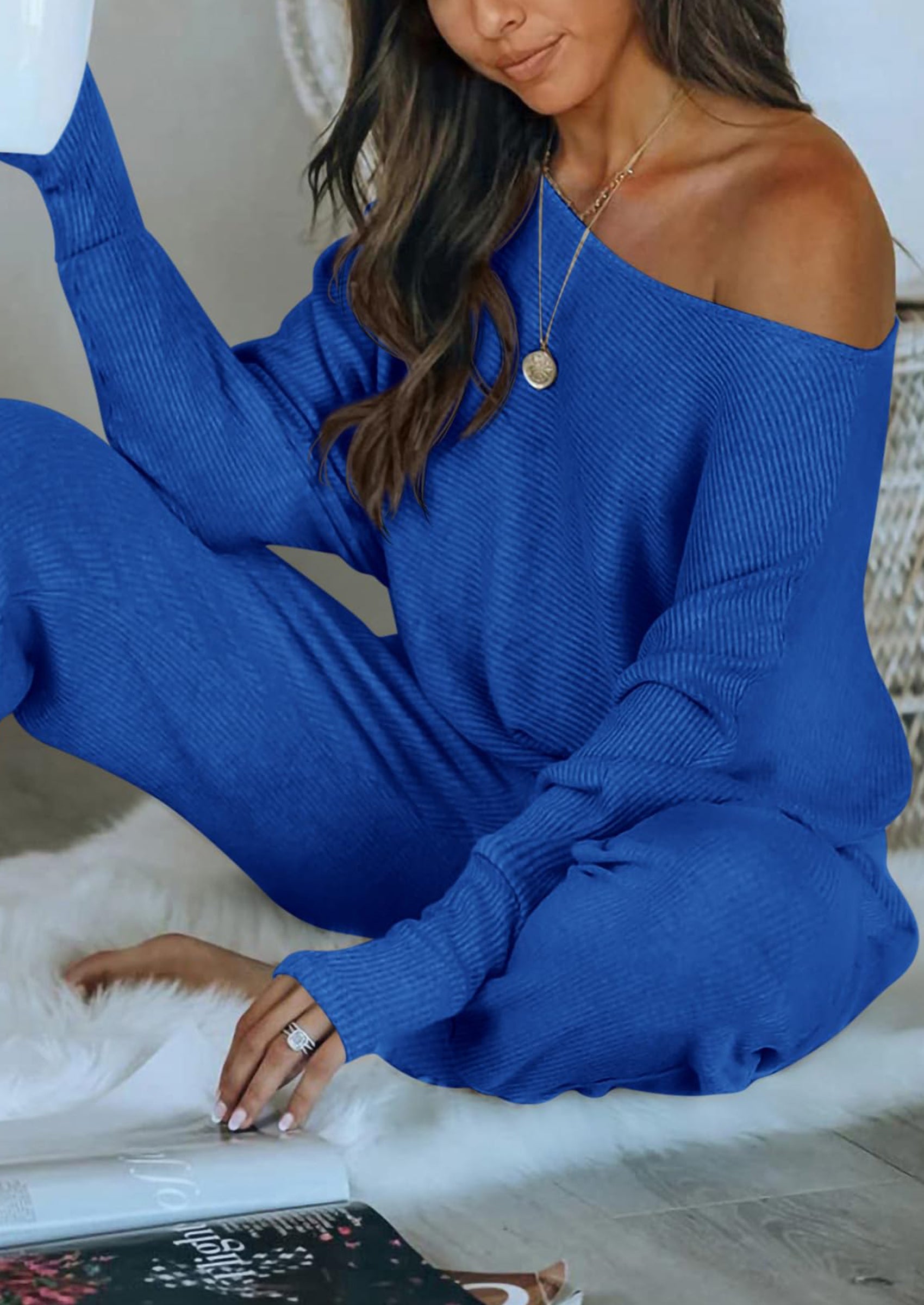 Chichi Women's 2 Piece Ribbed Tracksuit Outfits Off Shoulder Long Sleeve Pullover Lounge Pants with Pockets Dark Blue
