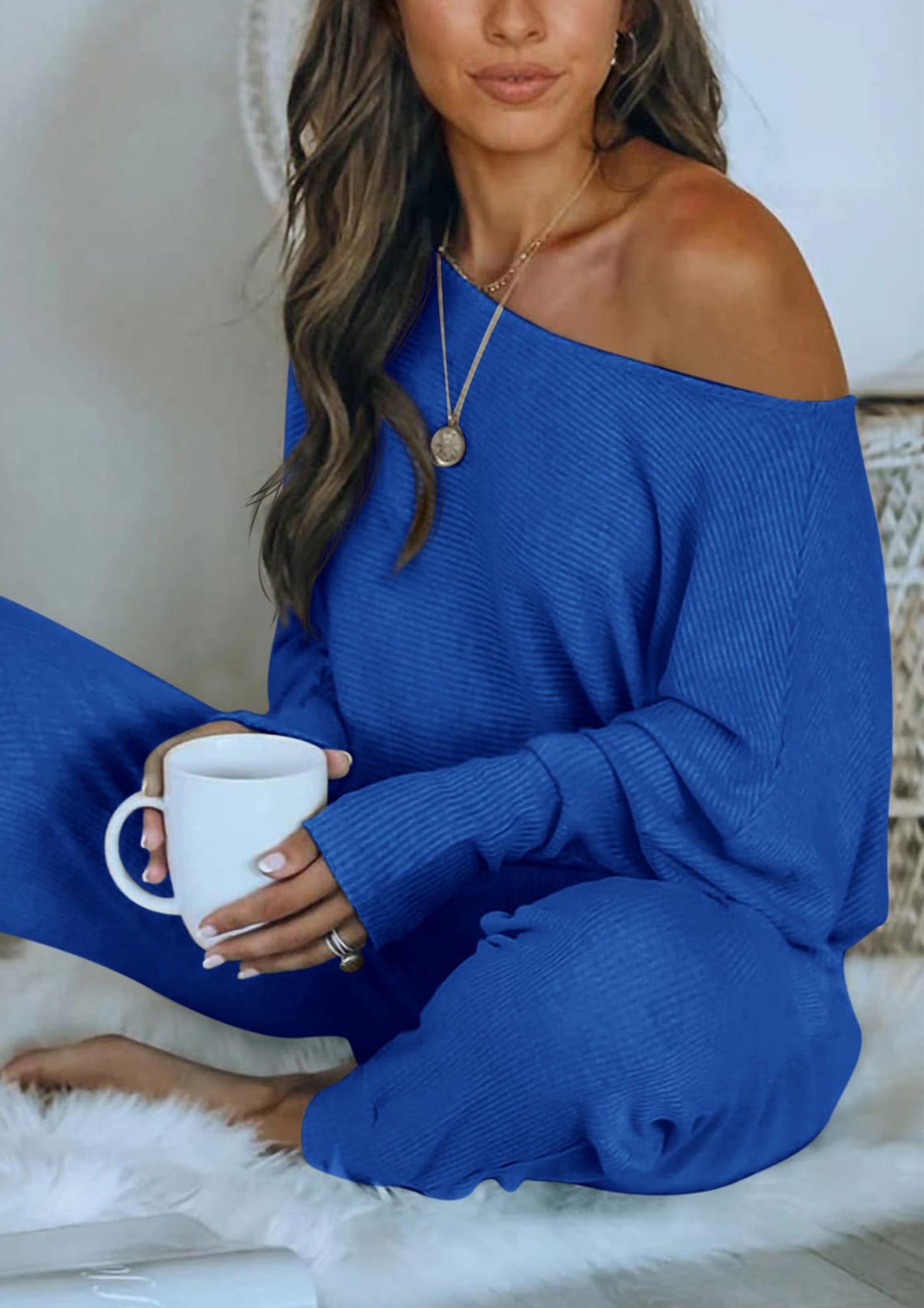 Chichi Women's 2 Piece Ribbed Tracksuit Outfits Off Shoulder Long Sleeve Pullover Lounge Pants with Pockets Dark Blue